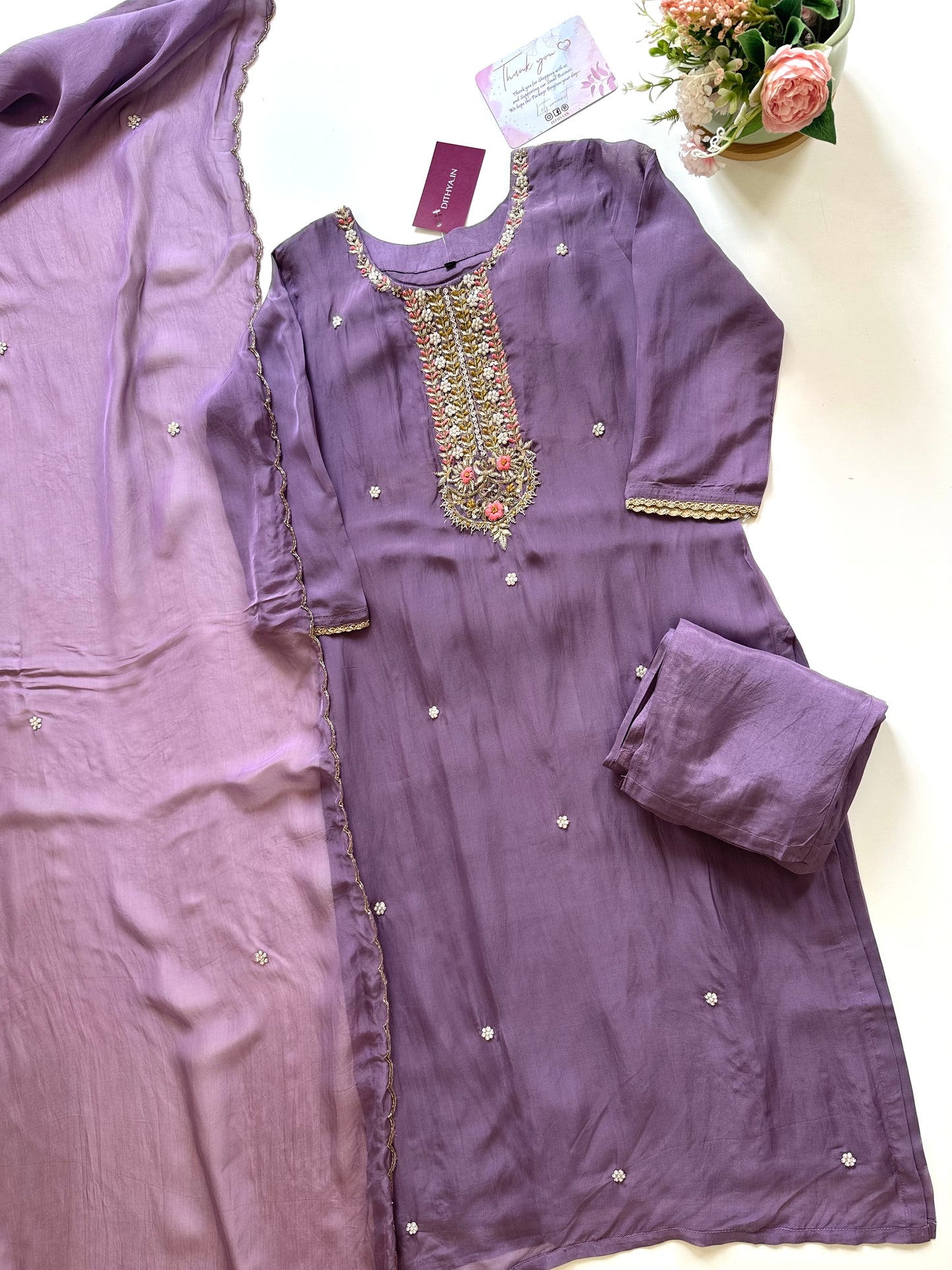 K075 - Chinnon Handwork Straight kurti with pants and dupatta .