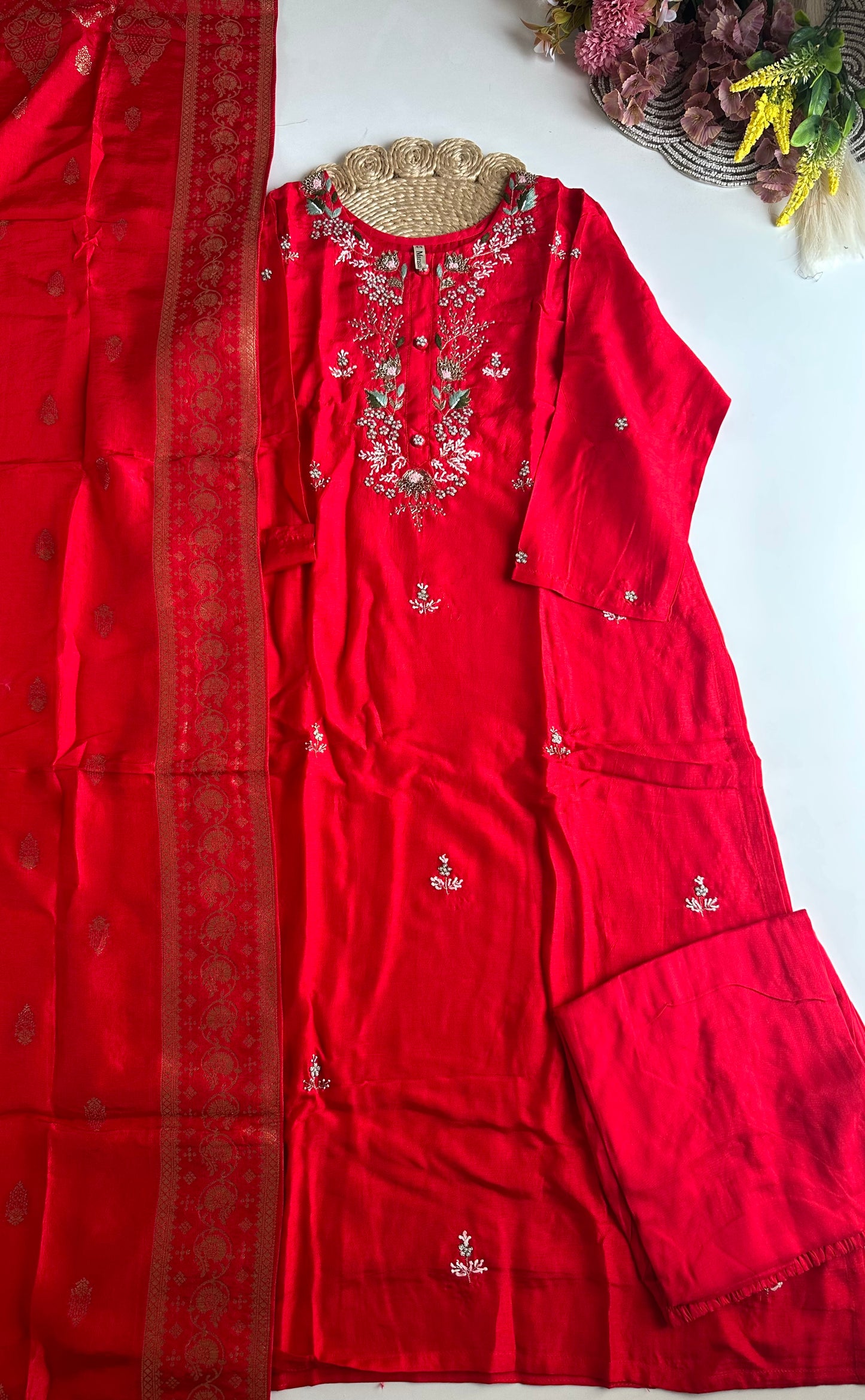D432 - Russian silk straight kurti with pants and dupatta