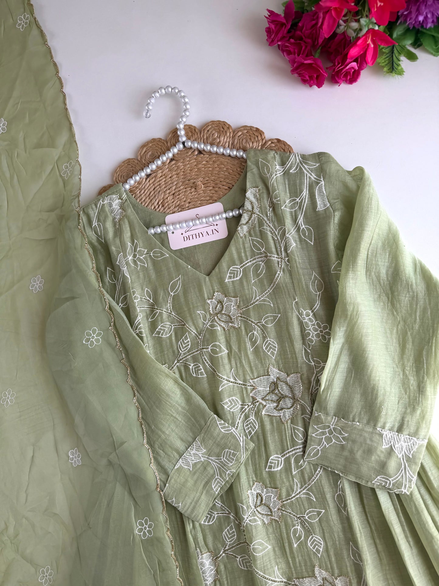 K735 - Mul chanderi embroidered Anarkali with pants and dupatta in 2 colours