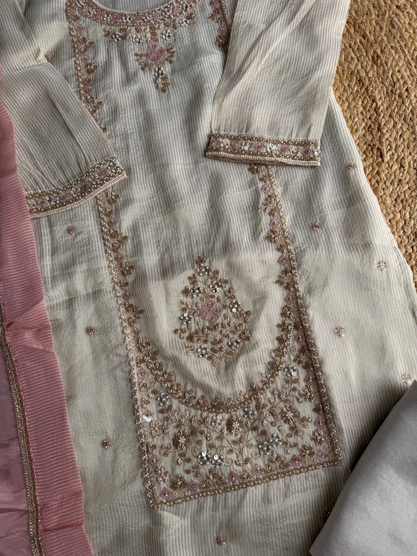 K172 - Tissue silk Handwork straight Kurti with pants and dupatta