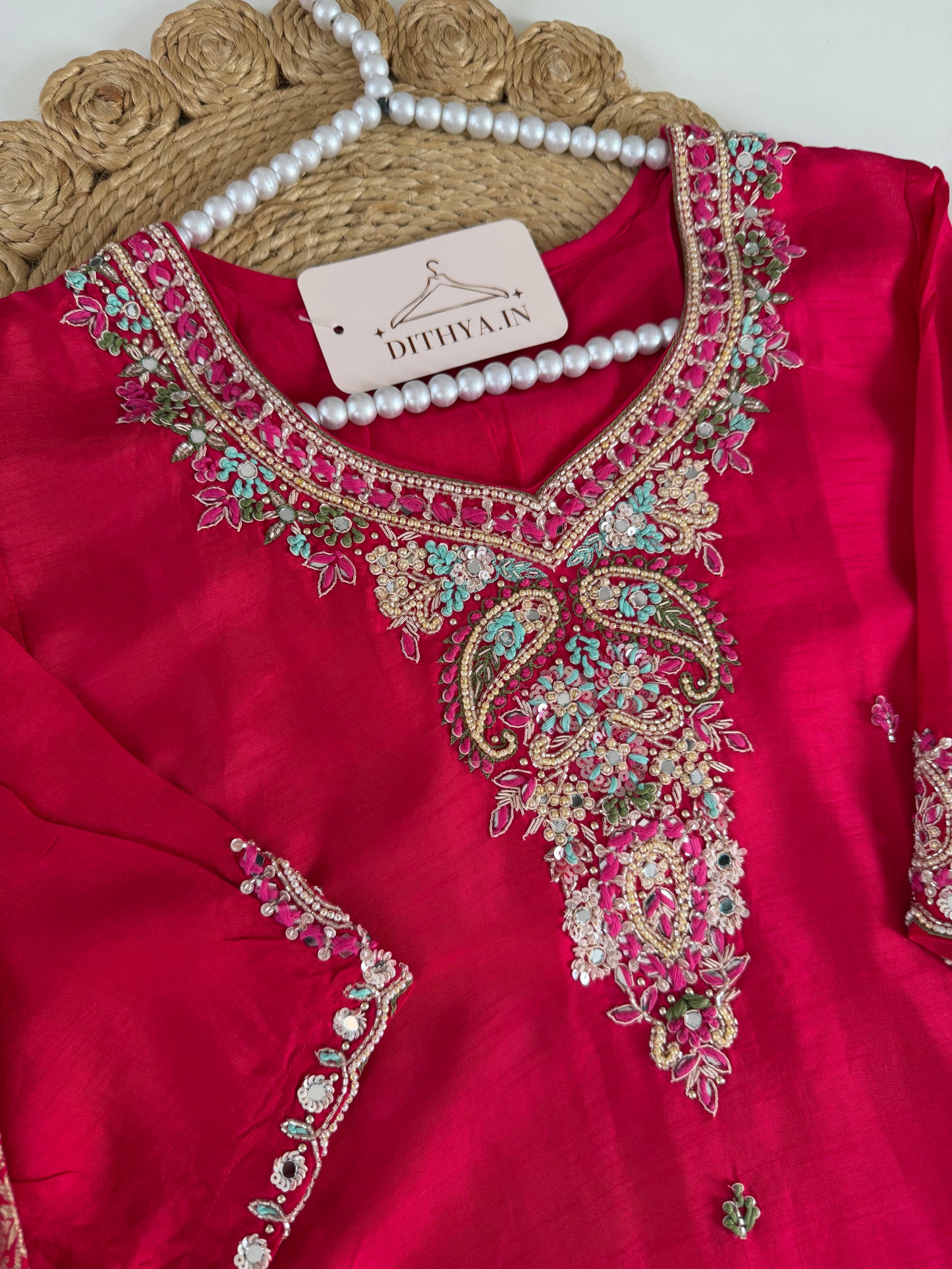 K643 - Dola silk Handwork straight Kurti with pants and dupatta