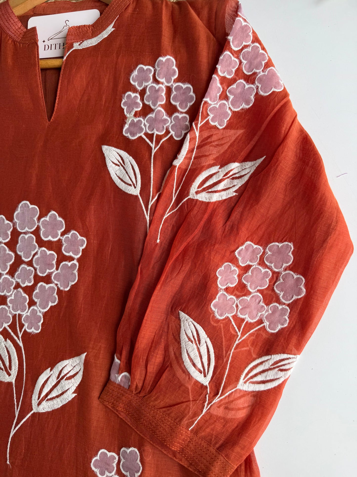 K537 - Mul chanderi appliqué work aline Kurti with pants and dupatta in 2 colours