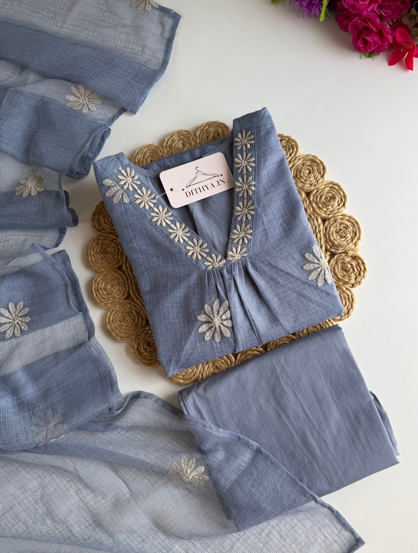 K713 - Kota doriya embroidered Aline Kurti with pants and dupatta