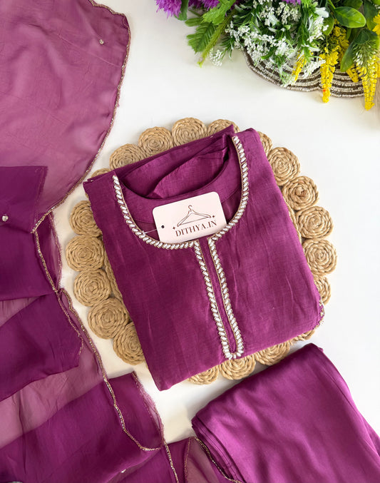 K533 - Mul chanderi handwork aline Kurti with pants and dupatta