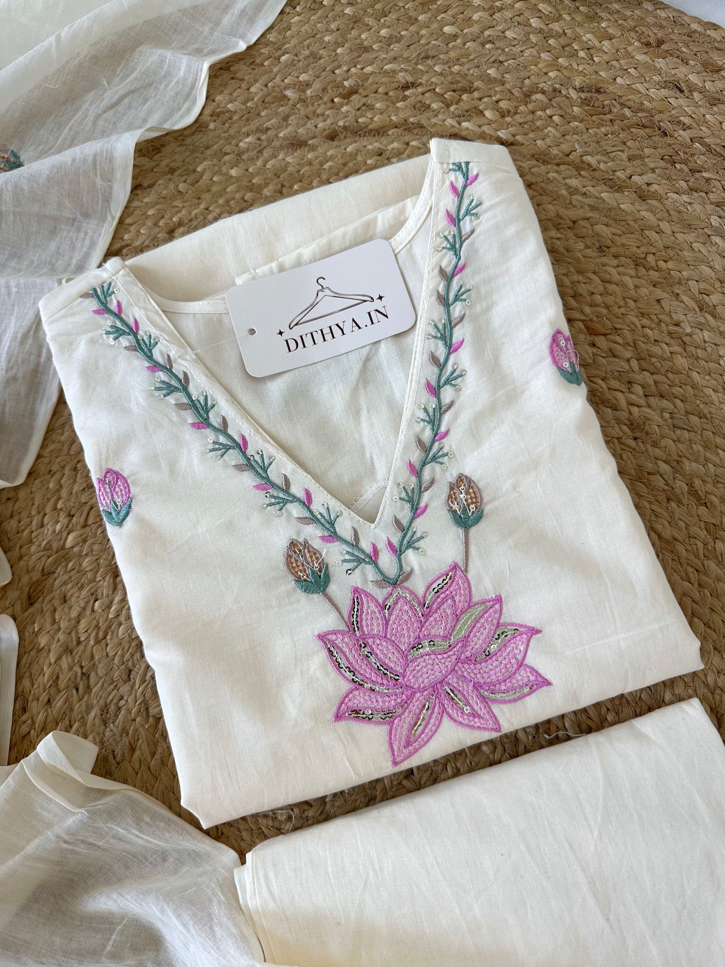 K484 - Mul cotton embroidered straight Kurti with pants and dupatta