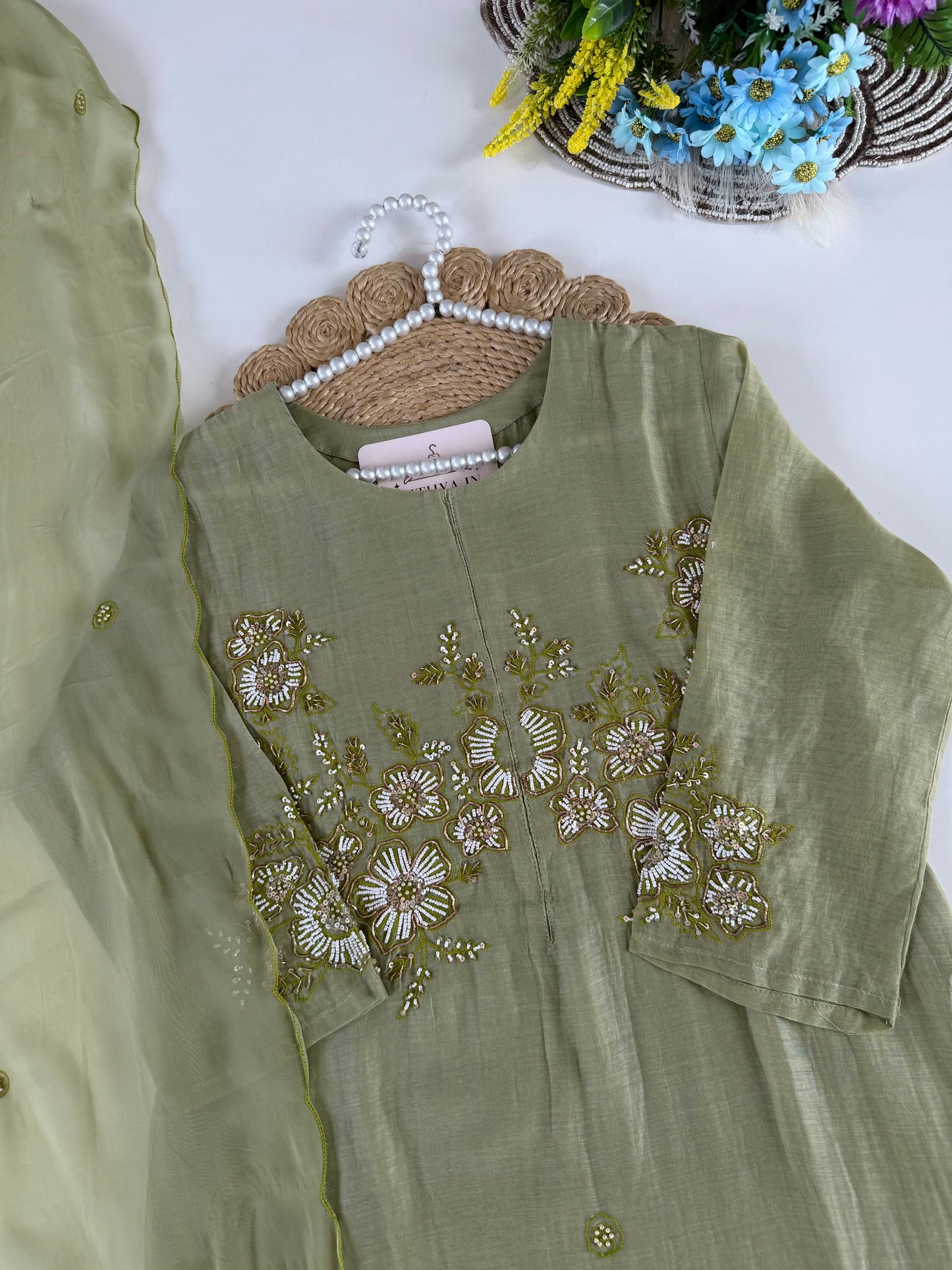 K502 - Mul chanderi handwork aline Kurti with pants and dupatta