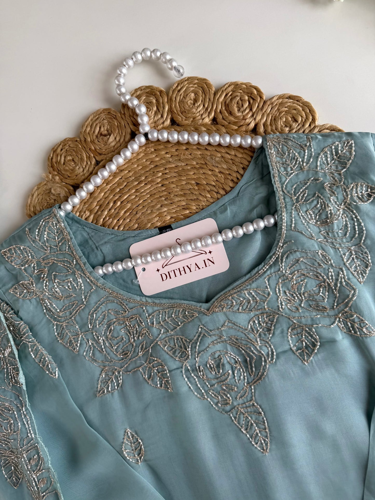 K425 - Soft viscose organza cutdhana work Aline Kurti with pants and dupatta