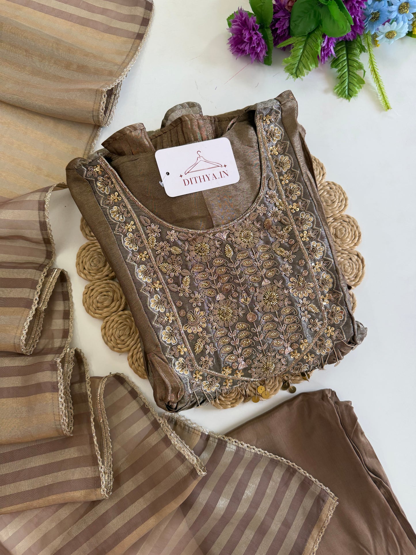 K228 - Crush tissue handwork Anarkali with pants and dupatta