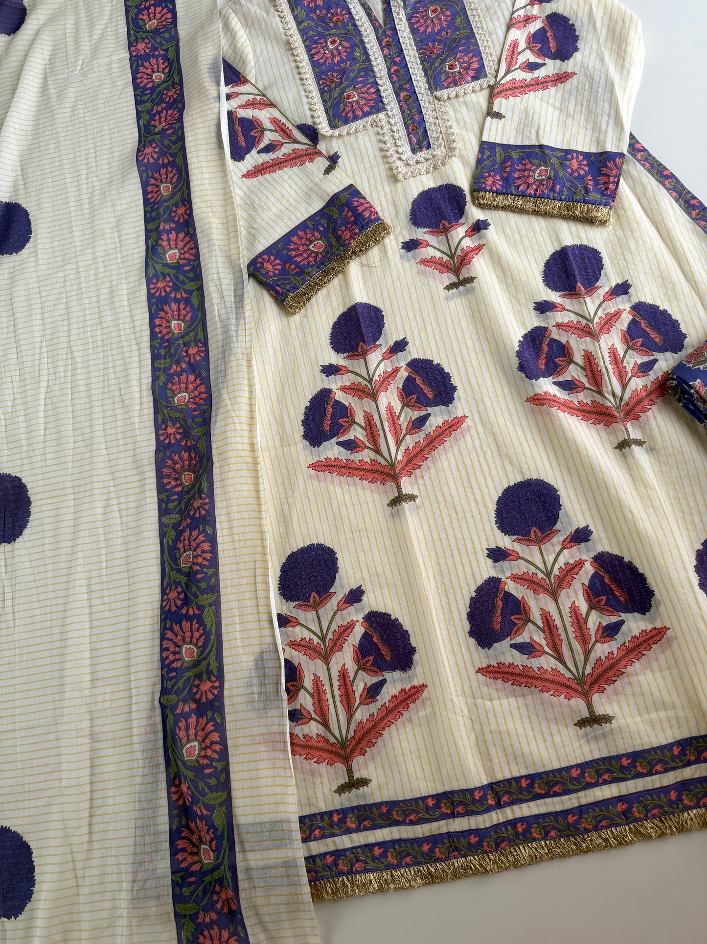 K344 - Mul cotton embroidered Aline Kurti with pants and dupatta