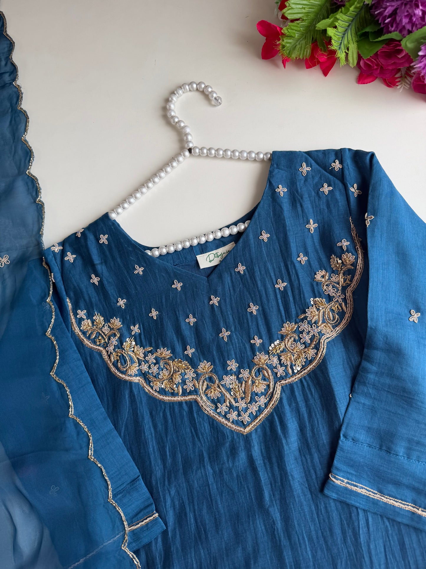 K328 - Mul chanderi handwork aline Kurti with pants and dupatta in 2 colours