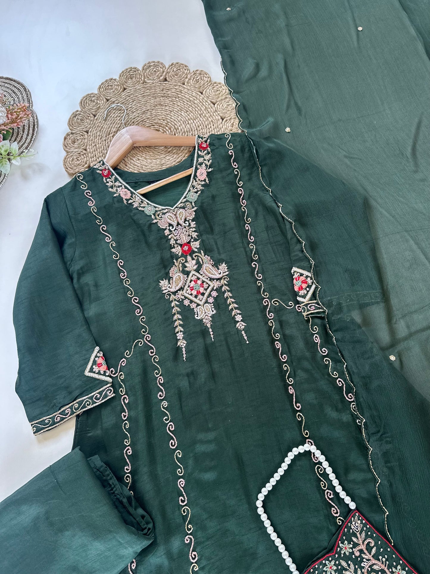 K311 - Russian silk handwork Aline Kurti with pants, dupatta and potli bag .