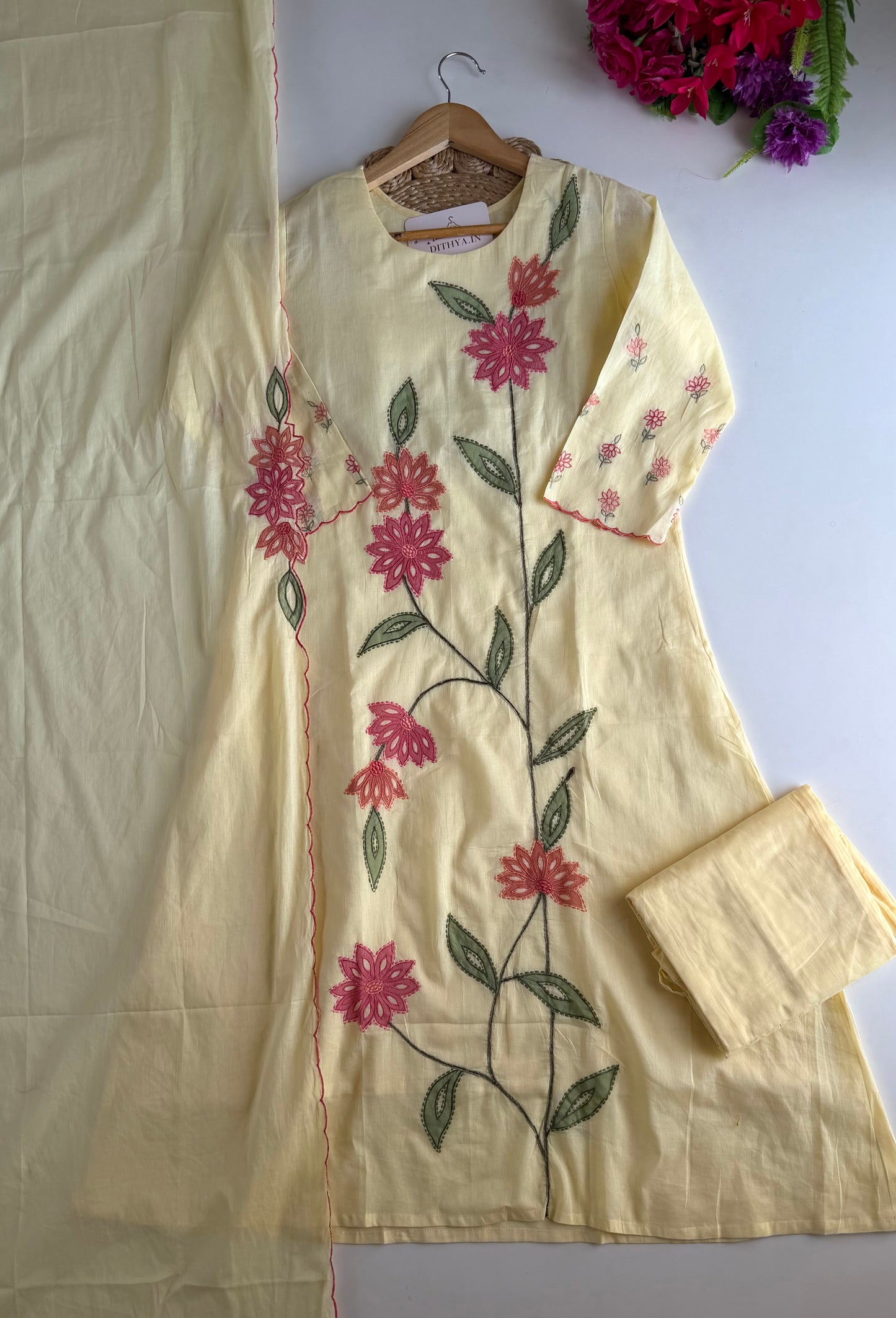 K726 - Mul cotton embroidered straight  Kurti with pants and dupatta