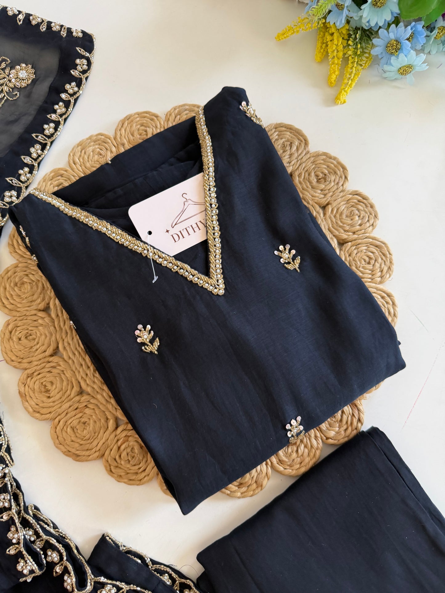 K229 - Mul chanderi handwork aline Kurti with pants and dupatta