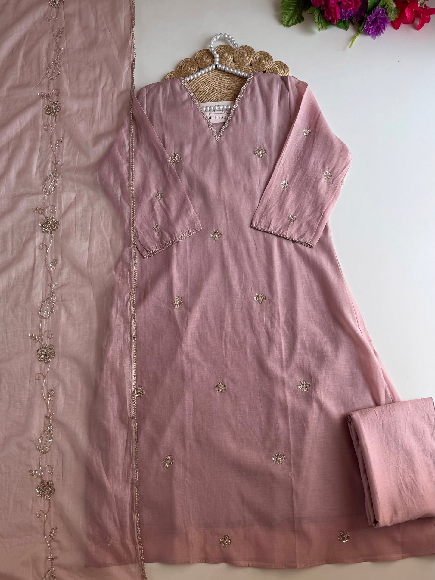 K245 - Mul chanderi handwork aline Kurti with pants and dupatta