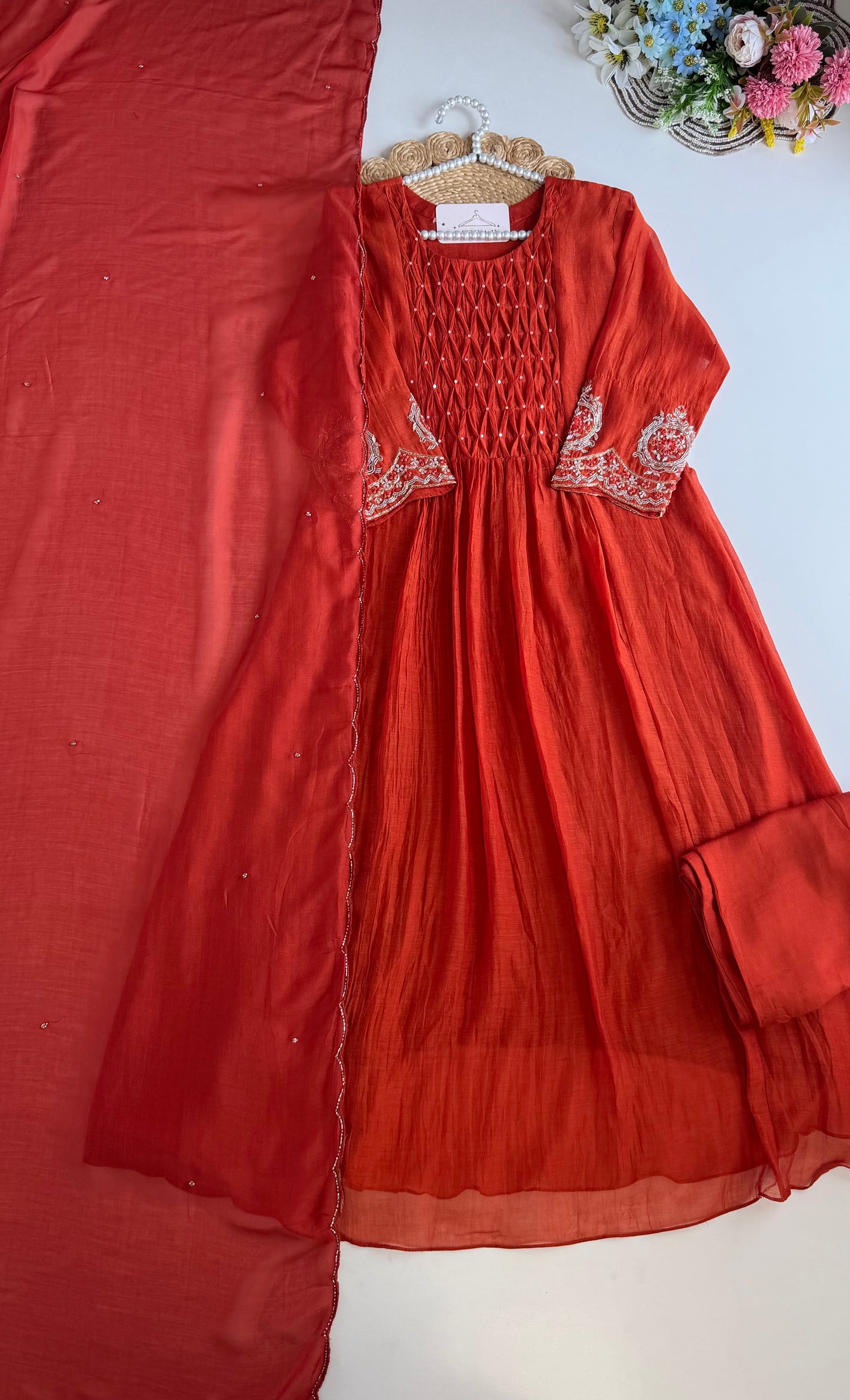 K217 - Mul chanderi handwork Anarkali with pants and dupatta