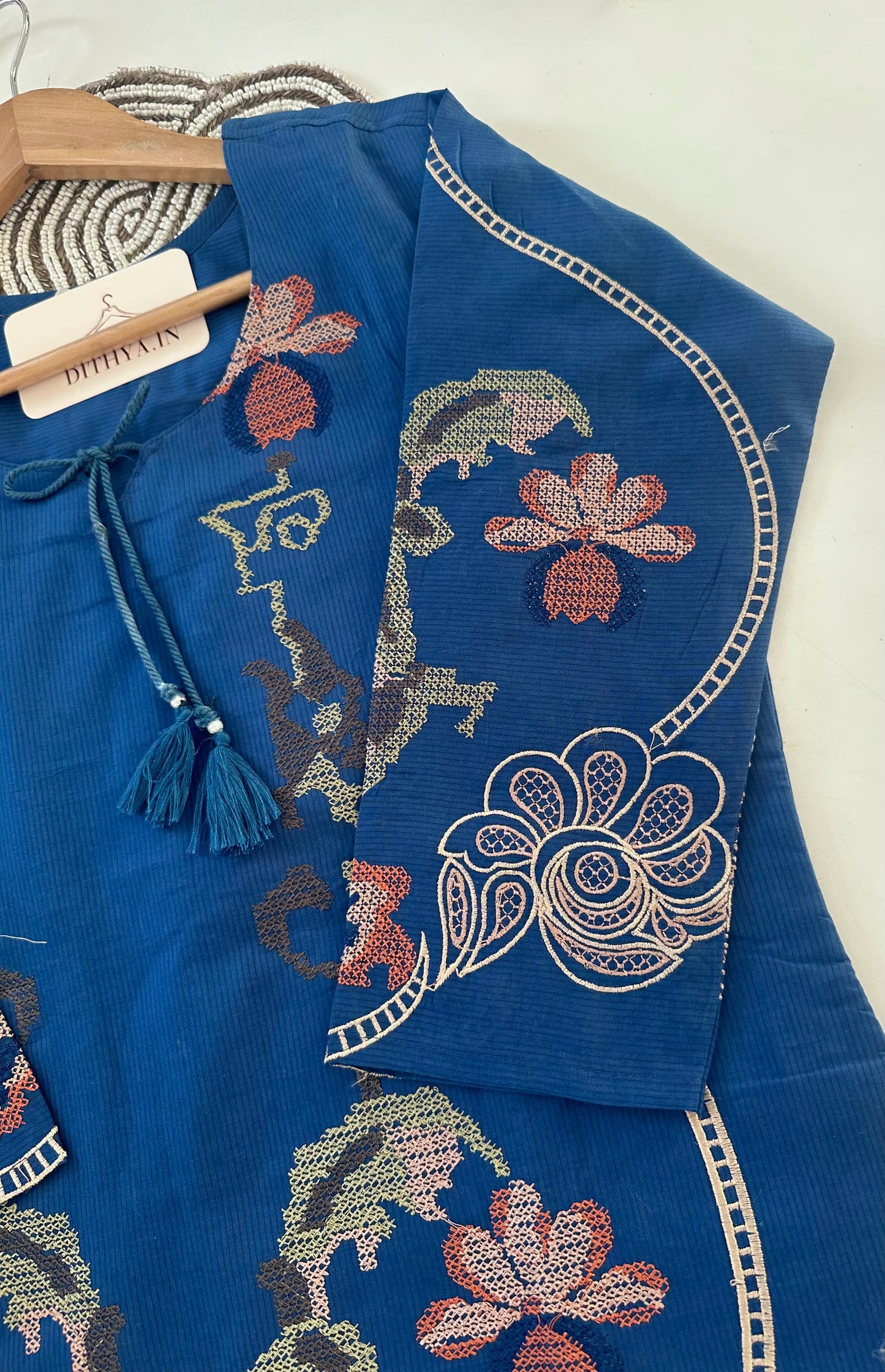 K649 - Mul cotton cross stitch straight Kurti with pants and dupatta