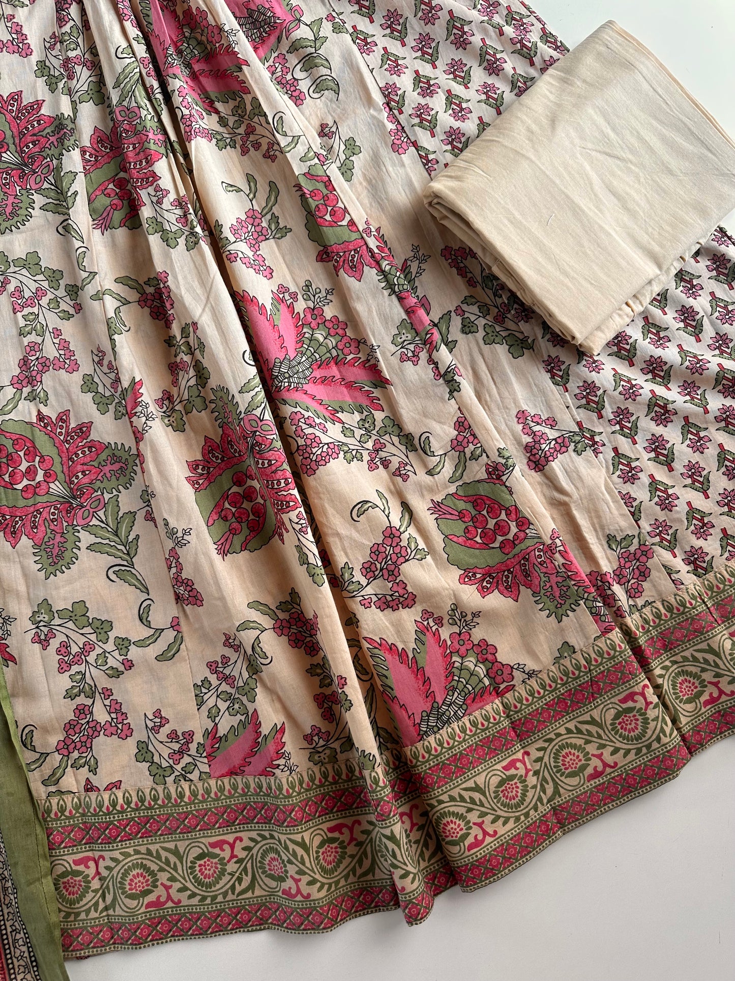 K718 - Mul cotton printed floral Anarkali with pants and dupatta