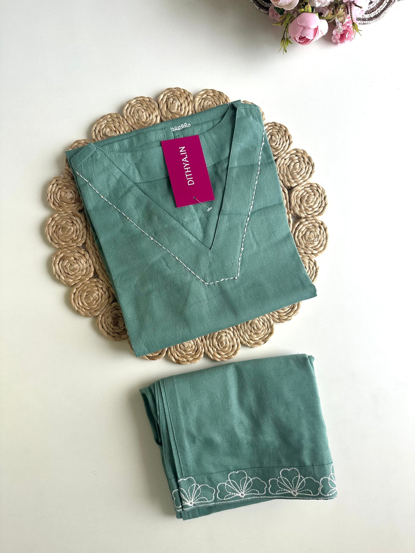 K438 - Linen cotton embroidered Aline Kurti with pants in 2 colours