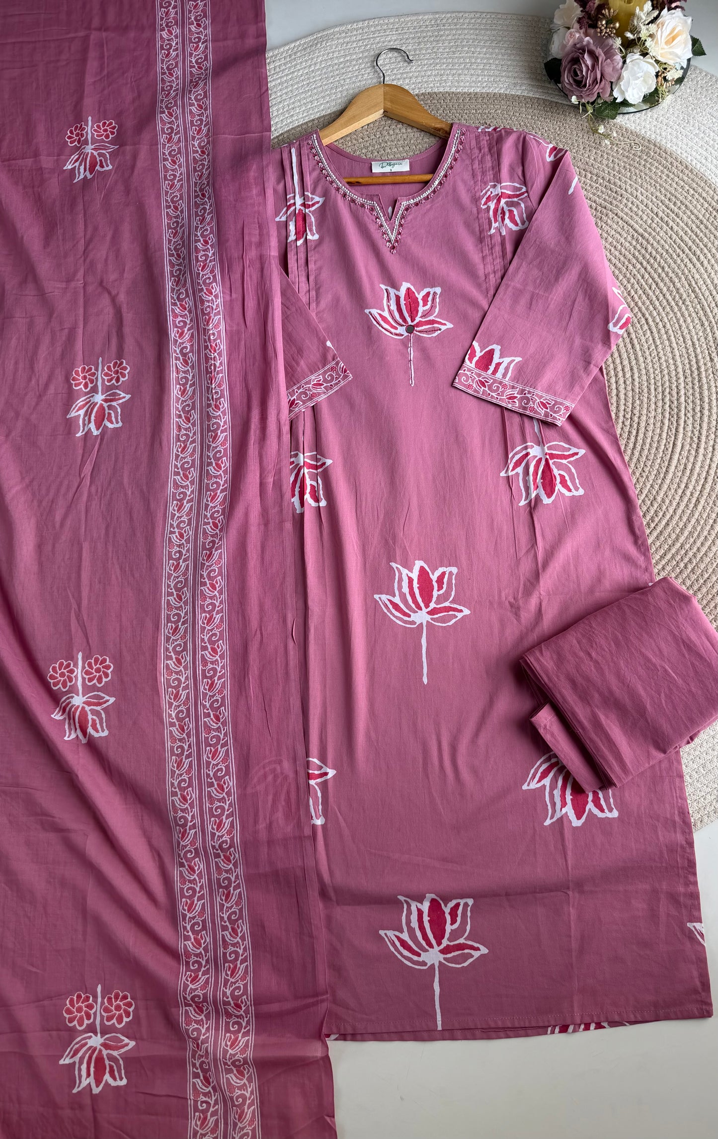 K164 - Mul cotton embroidered Aline Kurti with pants and dupatta in 3 colours