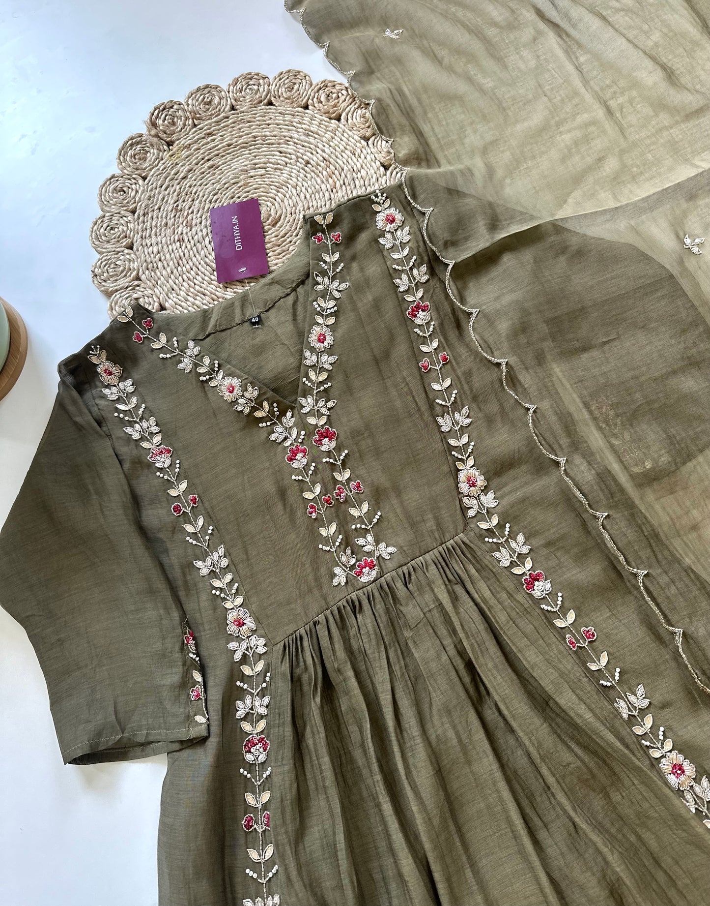 K257 - Mul Chanderi Gota work Anarkali with pants and dupatta .