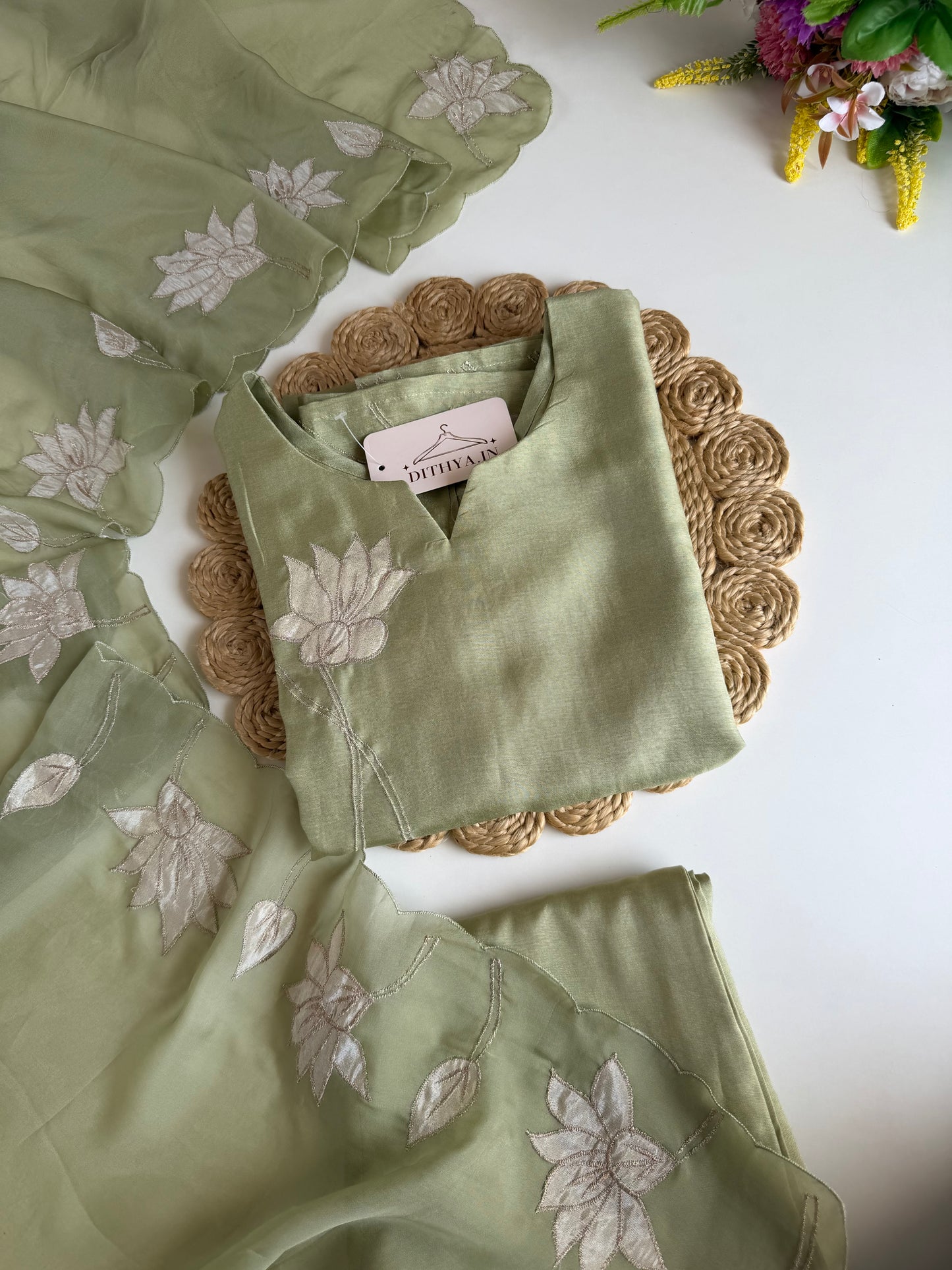 K229 - Dola silk appliqué work straight Kurti with pants and dupatta