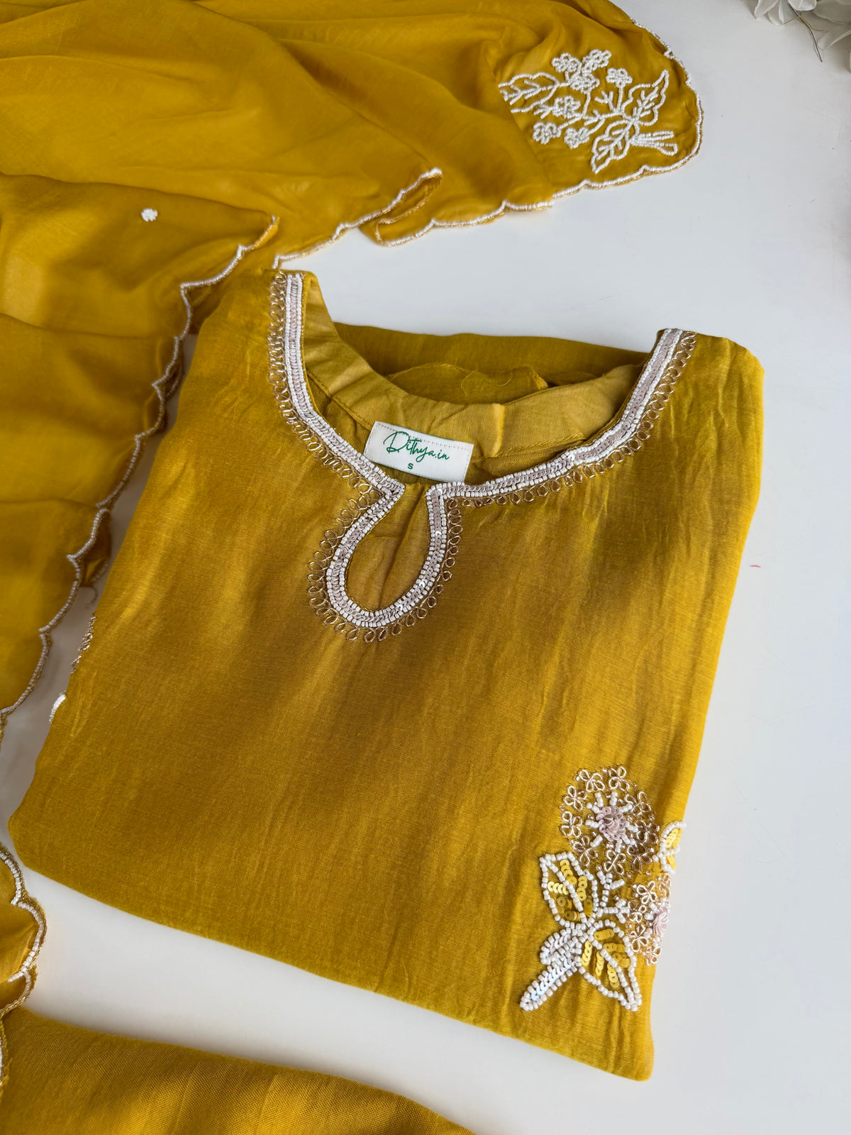 K582 - Mul chanderi handwork aline Kurti with pants and dupatta