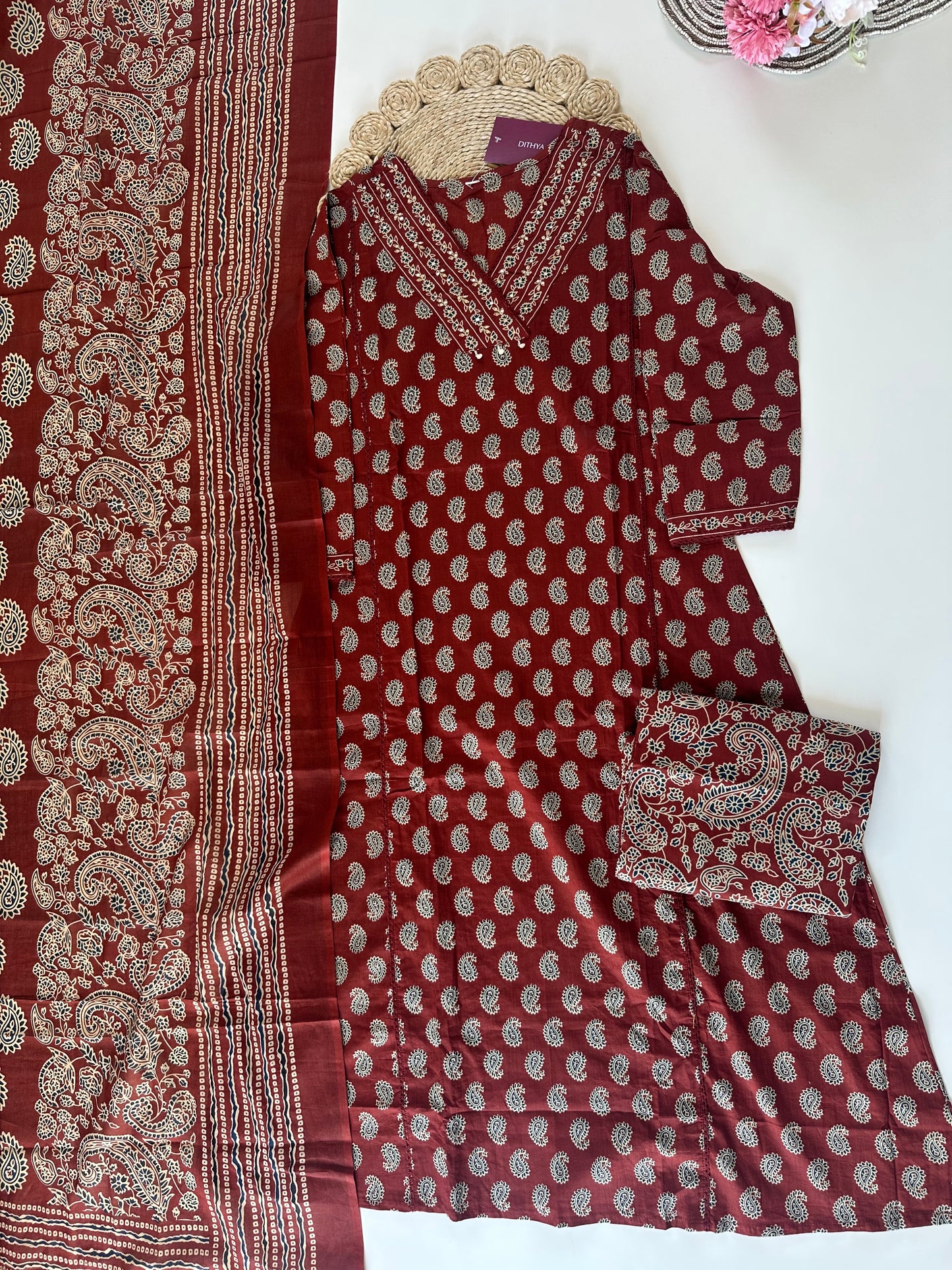 K034 - Cotton printed straight kurti with palazzo and dupatta .