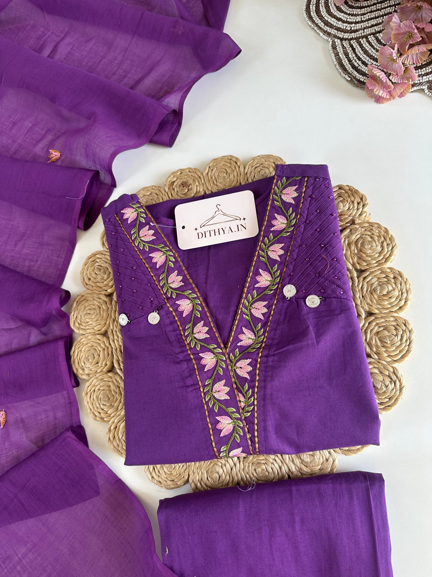 K690 - Mul cotton embroidered straight Kurti with pants and dupatta