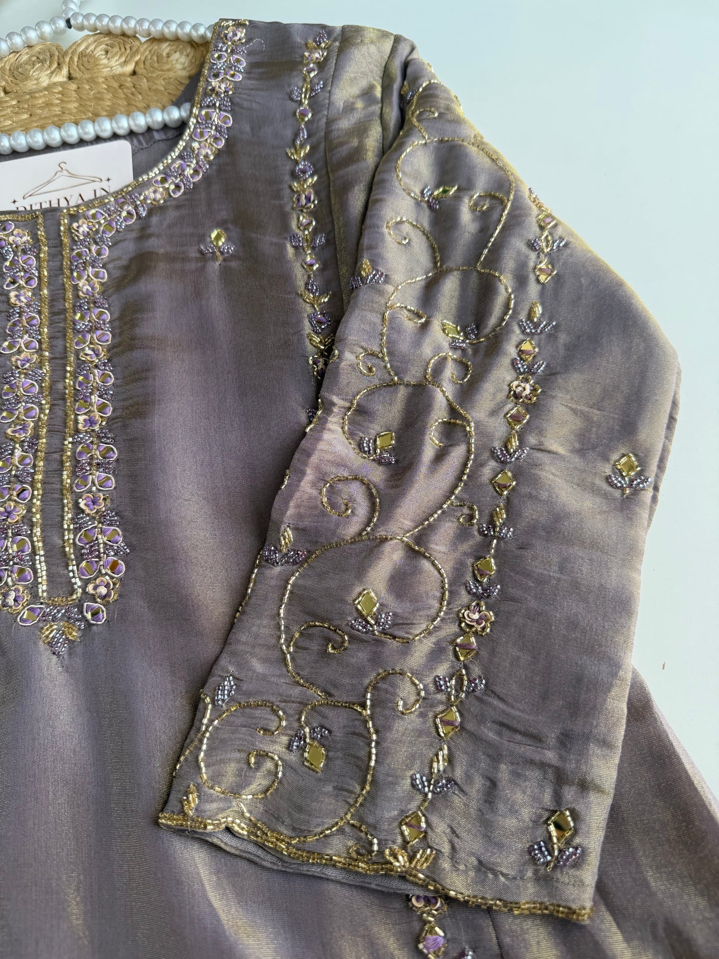 K635 - Tissue silk handwork Anarkali with pants and dupatta