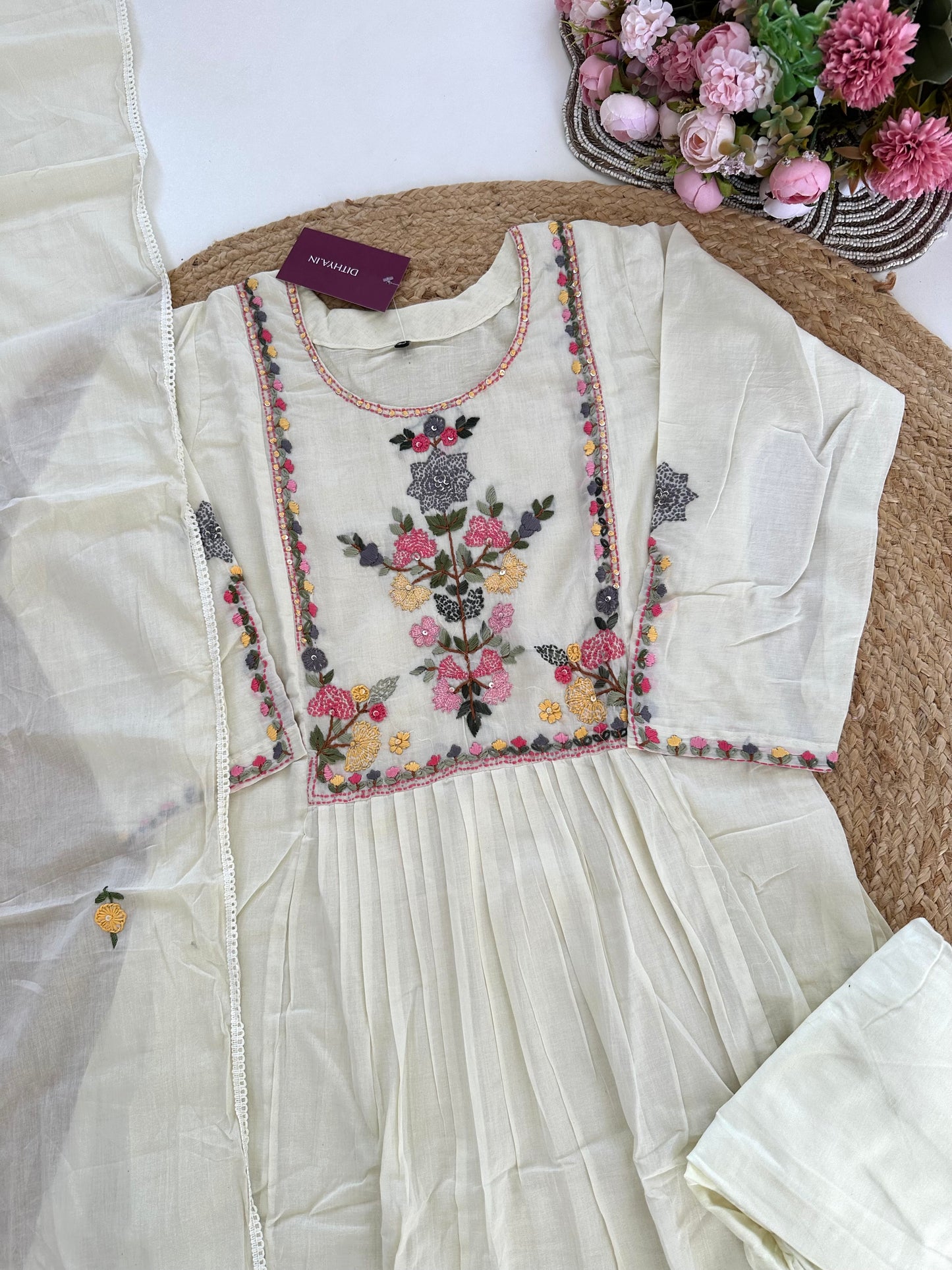 K157 - Mul cotton embroidered Anarkali with pants and dupatta in 2 colours