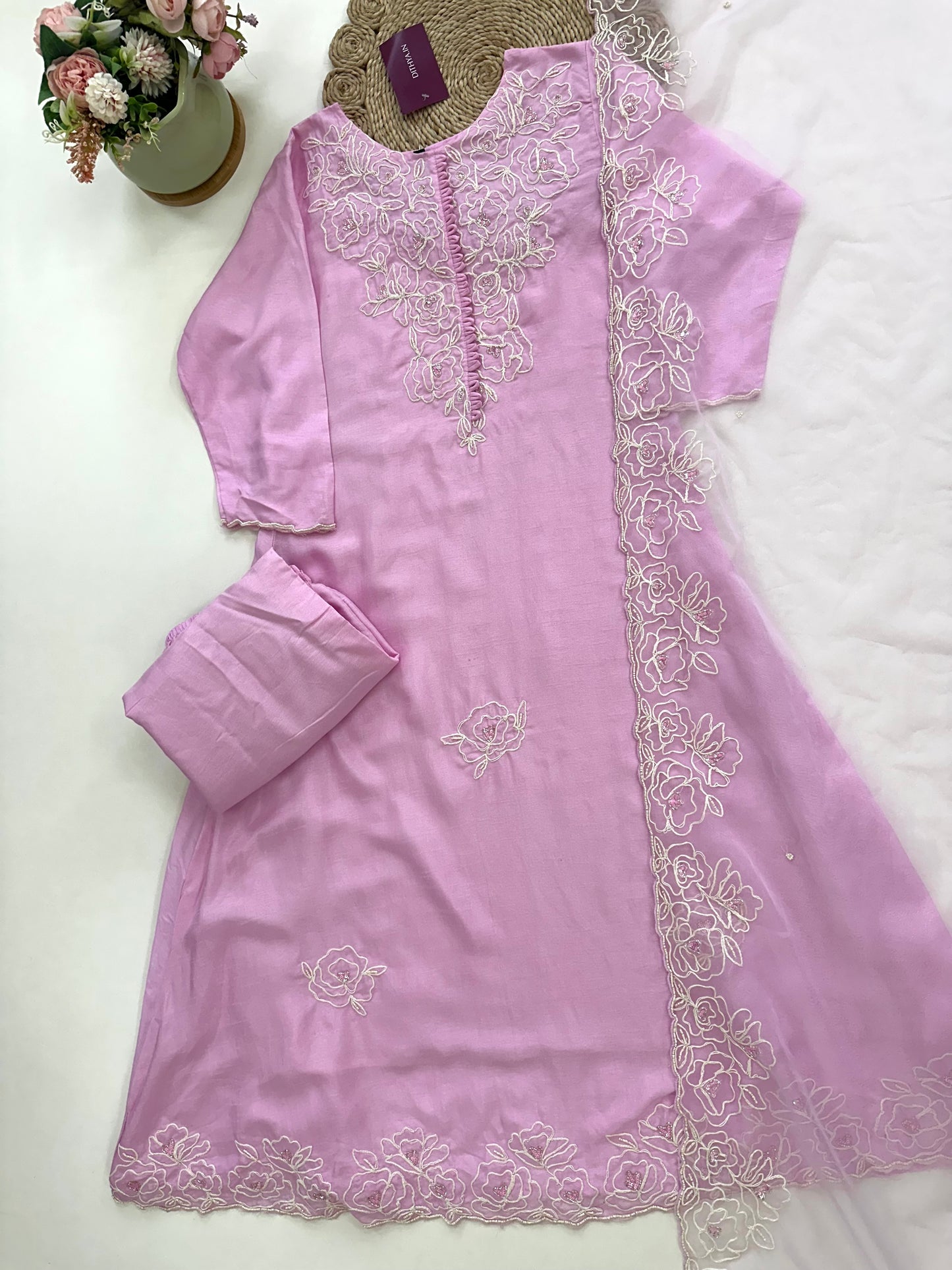 K157 - Dola silk hand embroidered Aline Kurti with pants and dupatta.