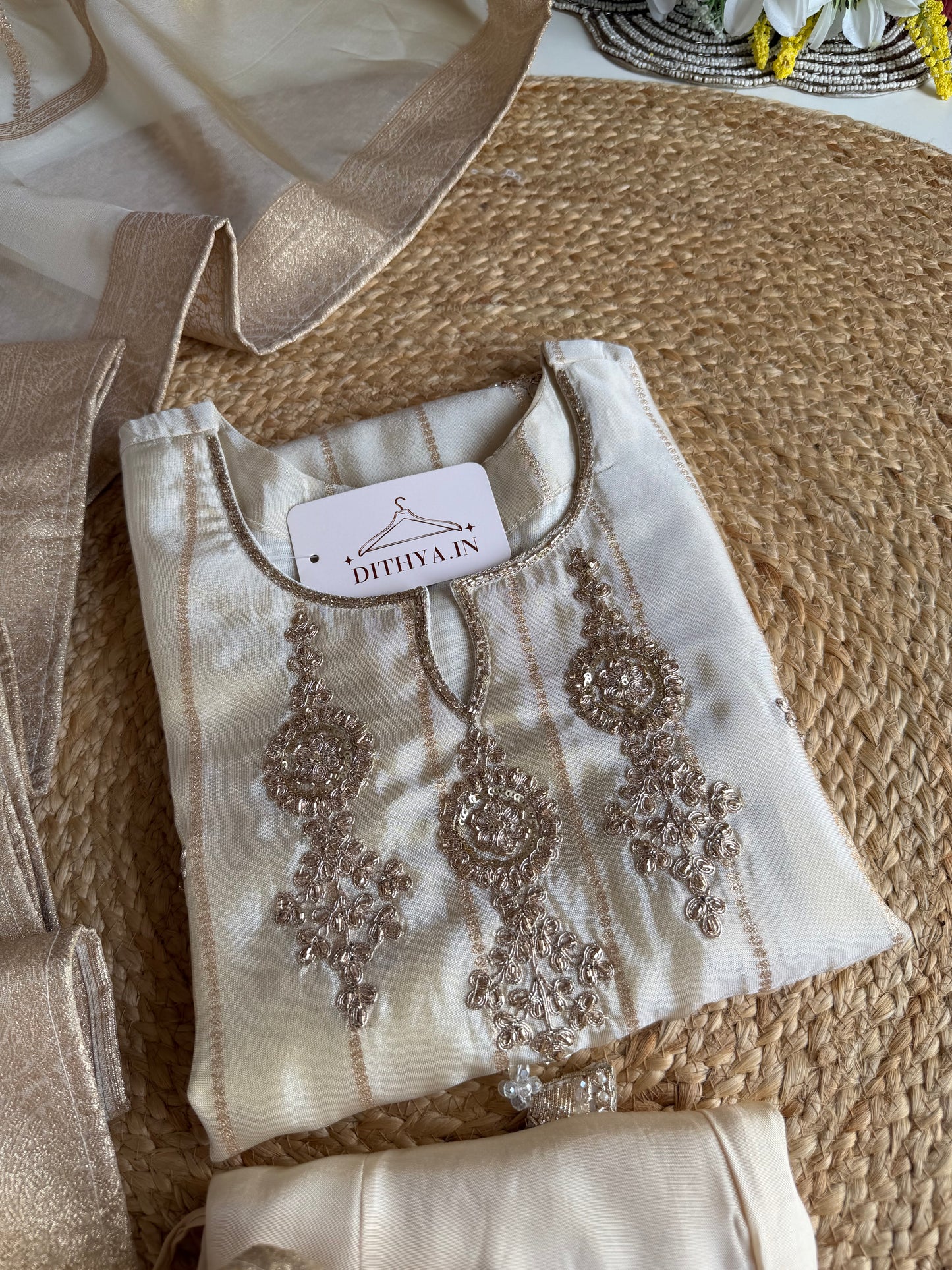 K092 - Tissue silk handwork straight Kurti with pants and dupatta