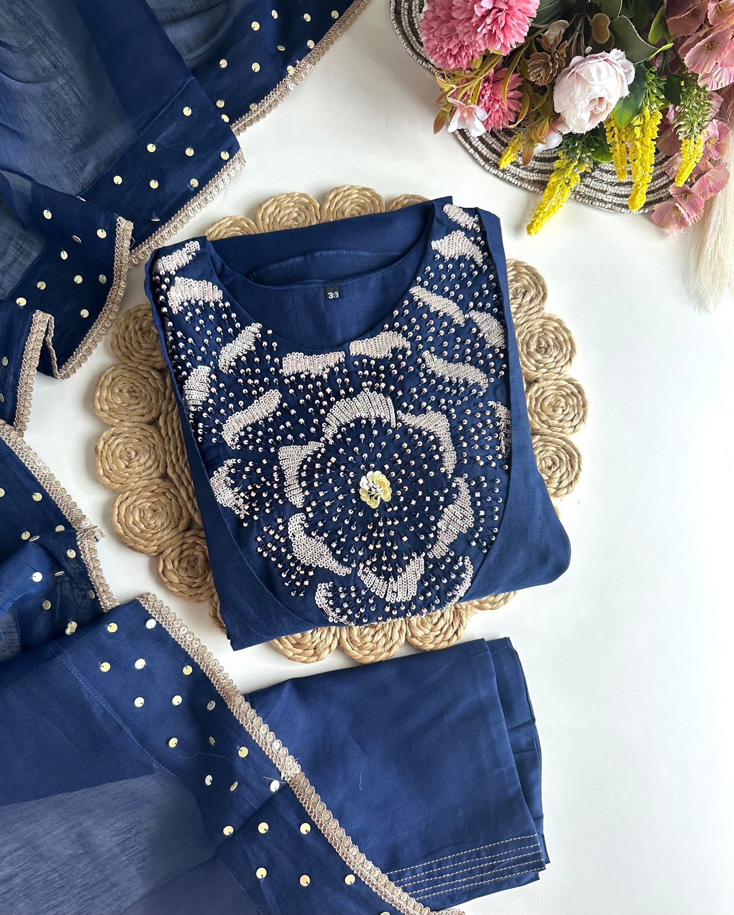 K032 - Pure mul Chanderi handwork Aline Kurti with pants and dupatta in 3 colours