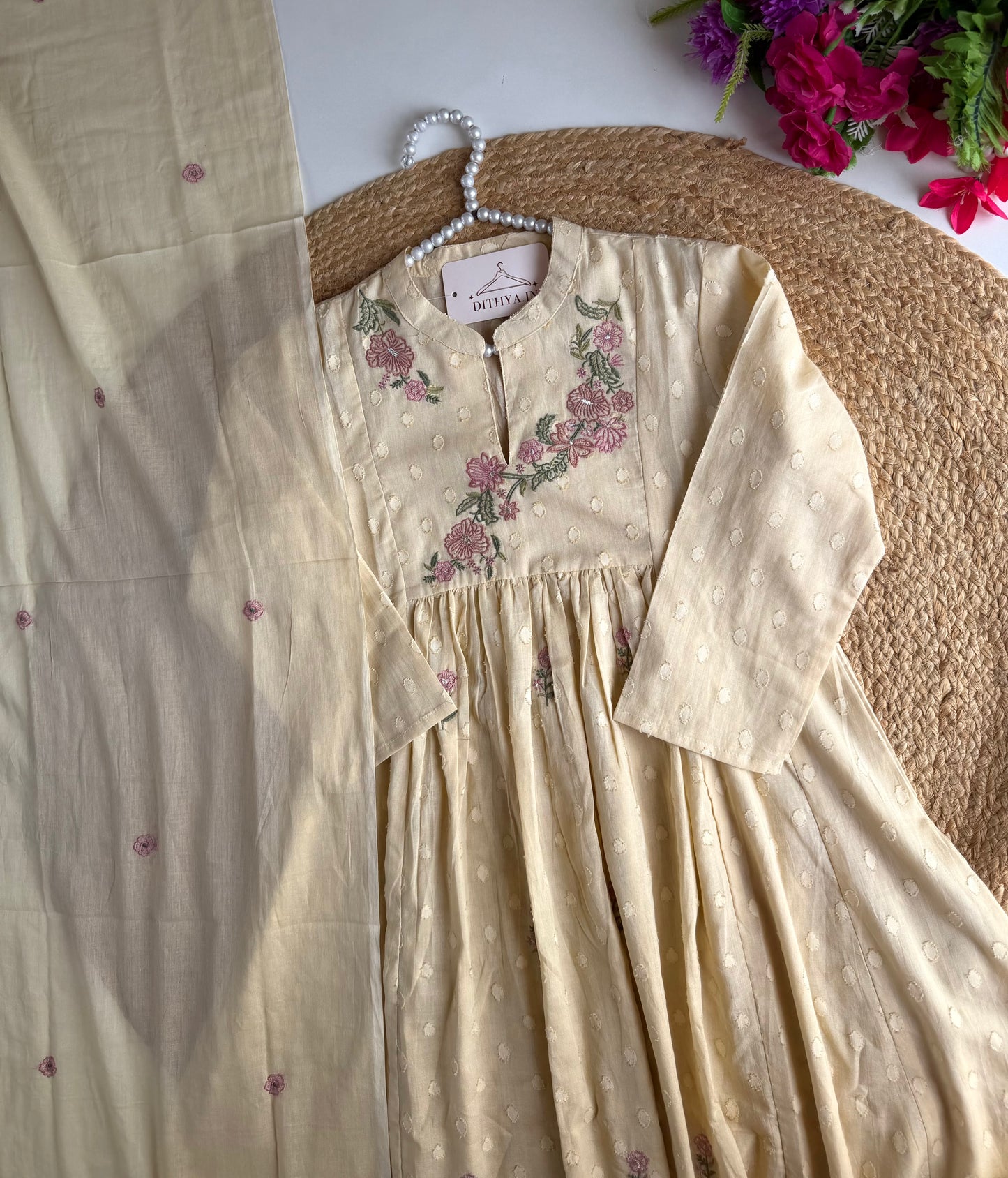 K296 - Mul cotton floral embroidered Anarkali with pants and dupatta