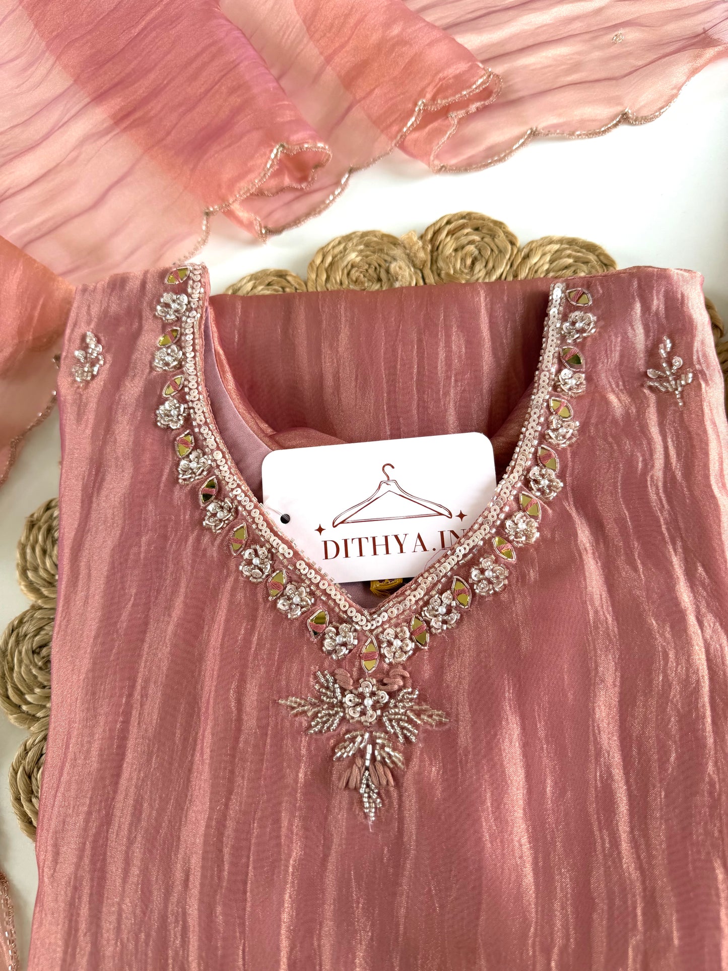 K500 - Glass tissue silk handwork short Kurti with divider pants and dupatta