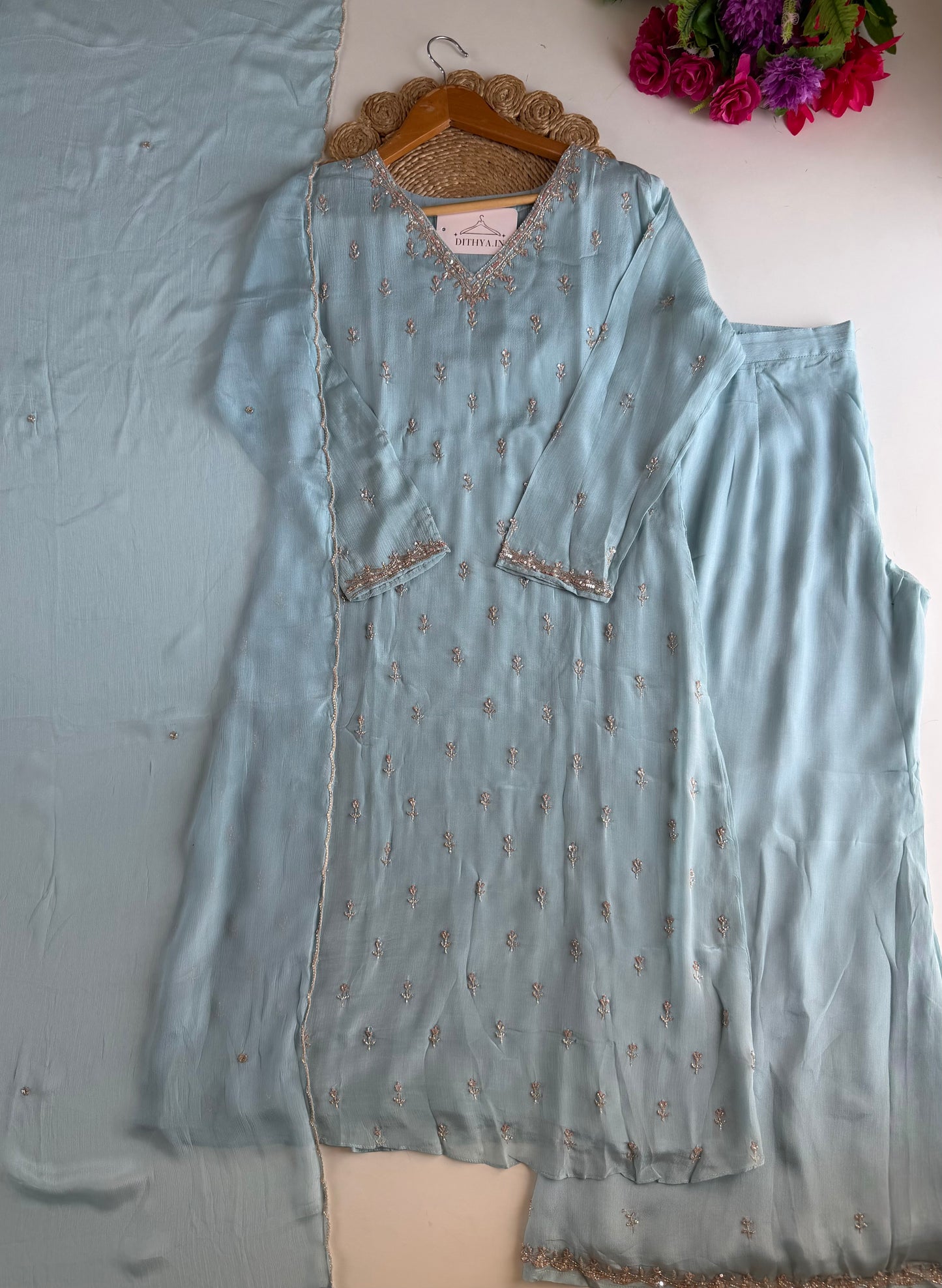 K690 - Pure Chinnon handwork aline Kurti with pants and dupatta