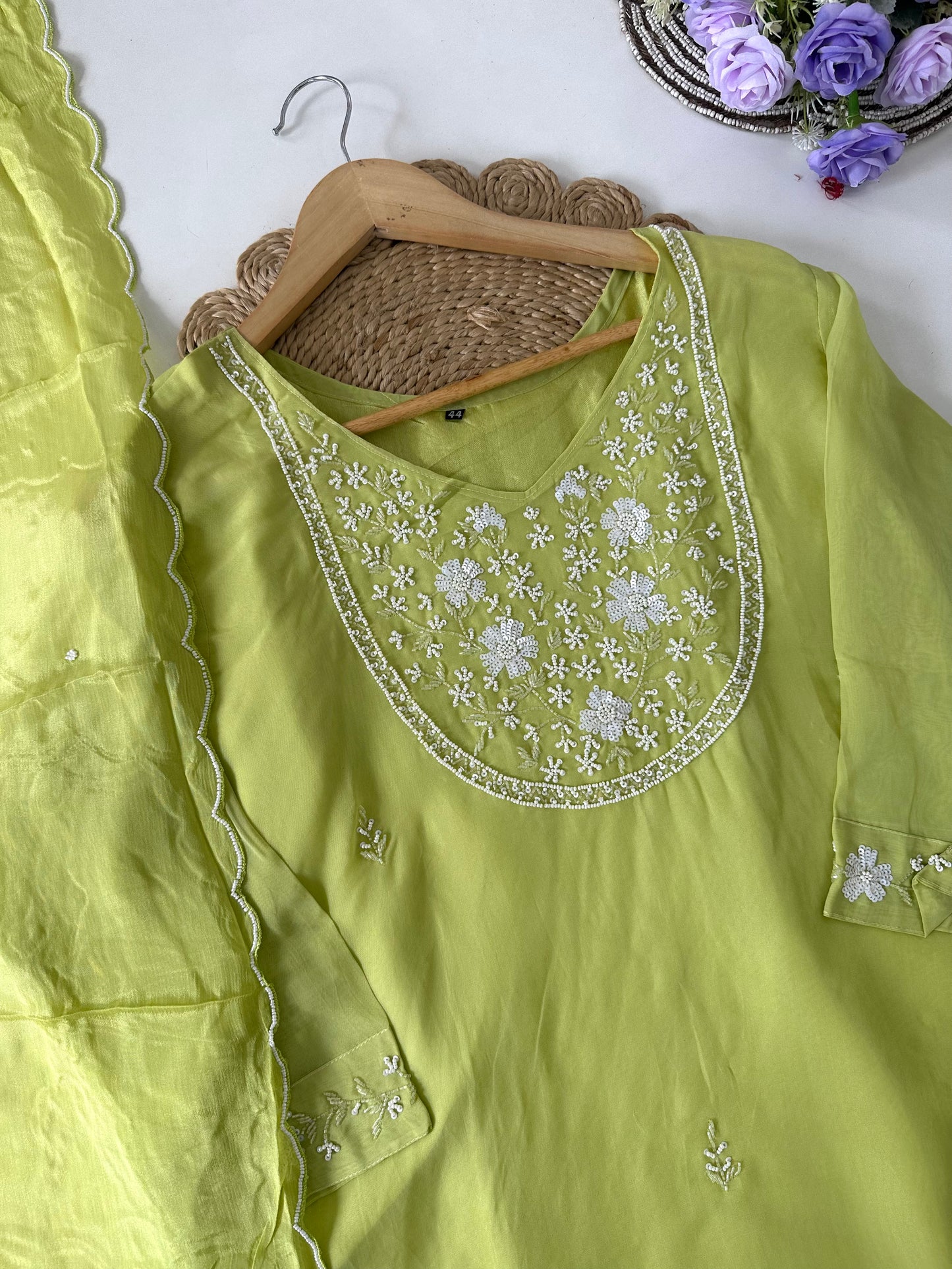 D052 - Chinnon silk straight kurti with pants and dupatta