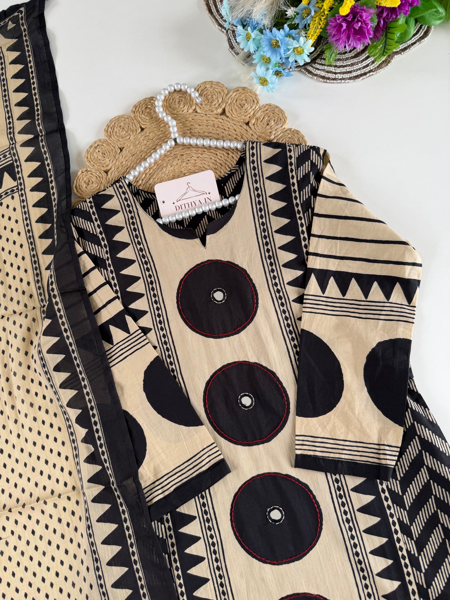 K428 - Cotton embroidered straight Kurti with pants and dupatta