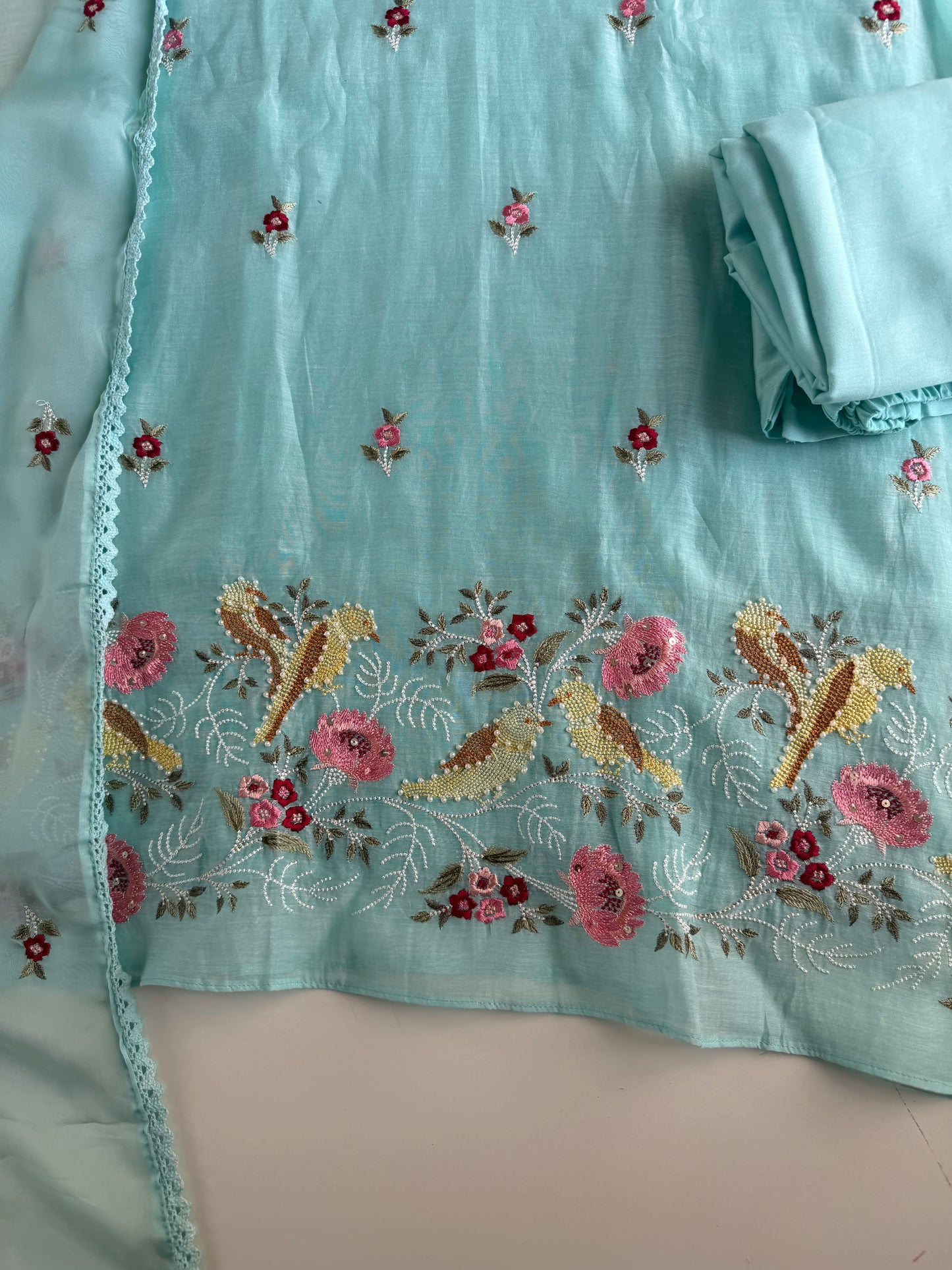 K631 - Mul chanderi intricate embroidery Aline Kurti with pants and dupatta