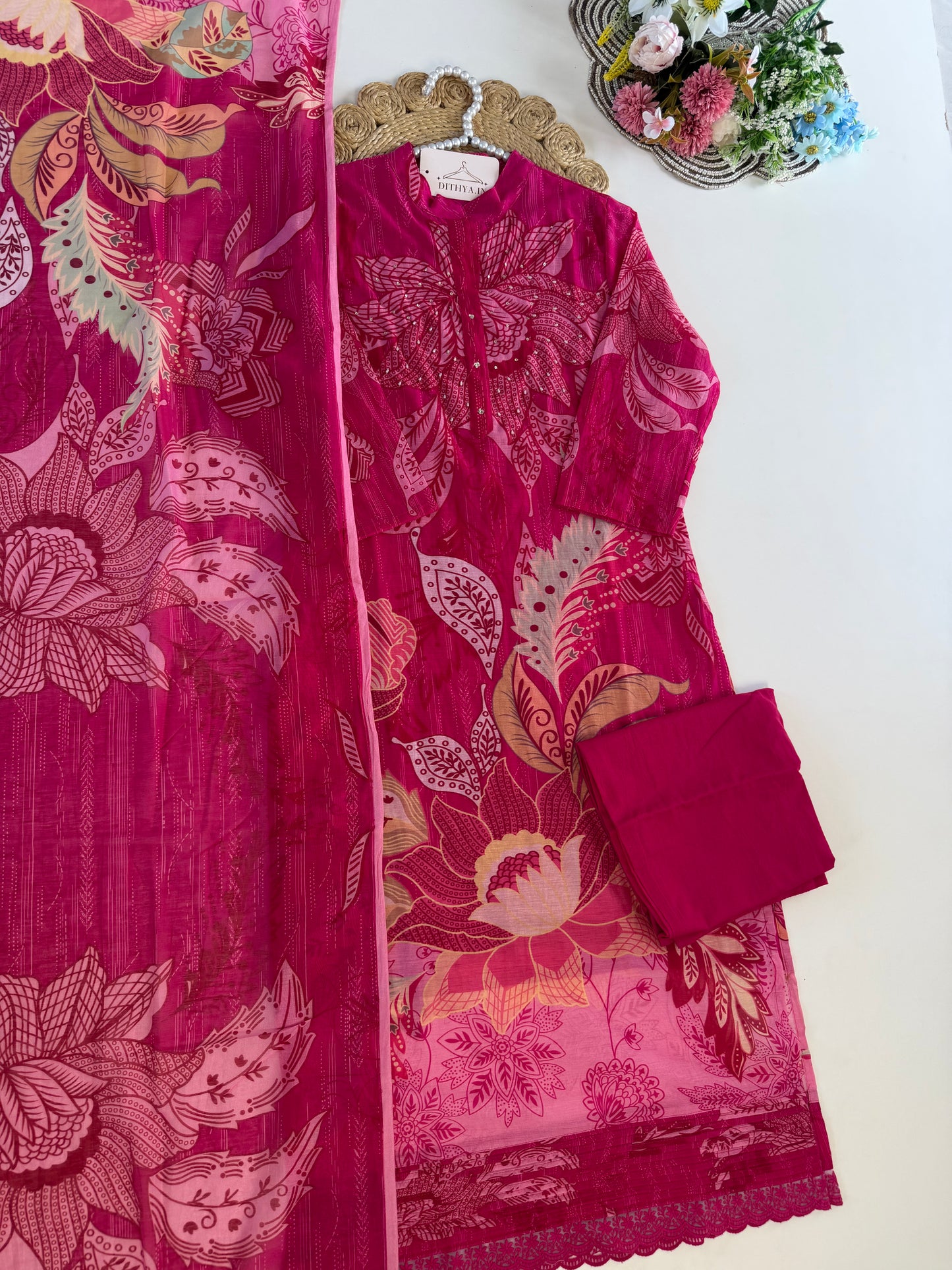 K623 - Mul cotton embroidered straight Kurti with pants and dupatta