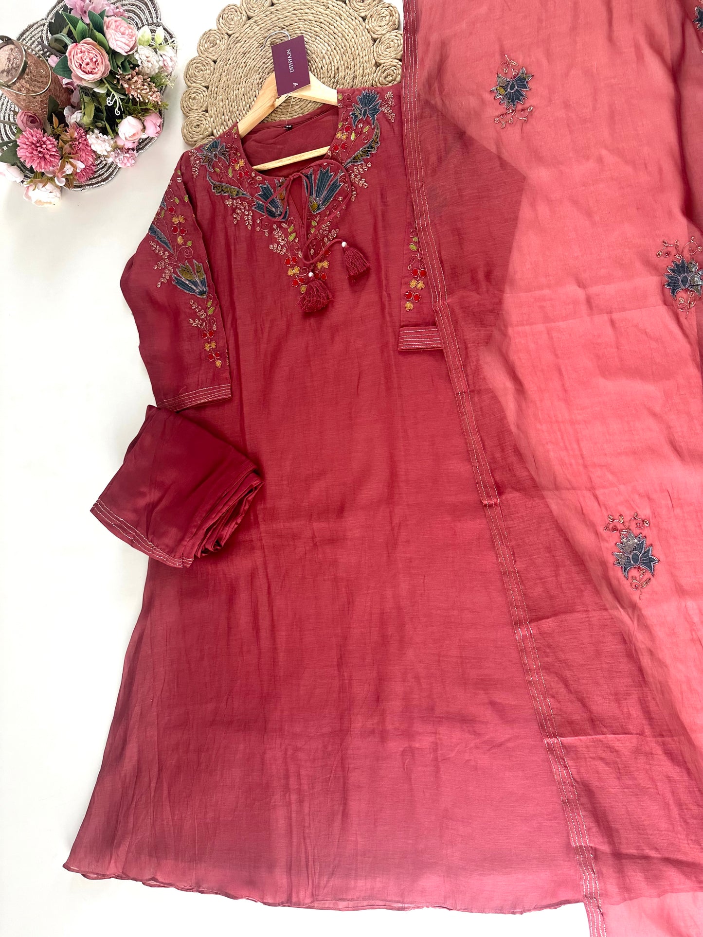 K265 - Mul Chanderi Zari work Aline Kurti with pants and dupatta .