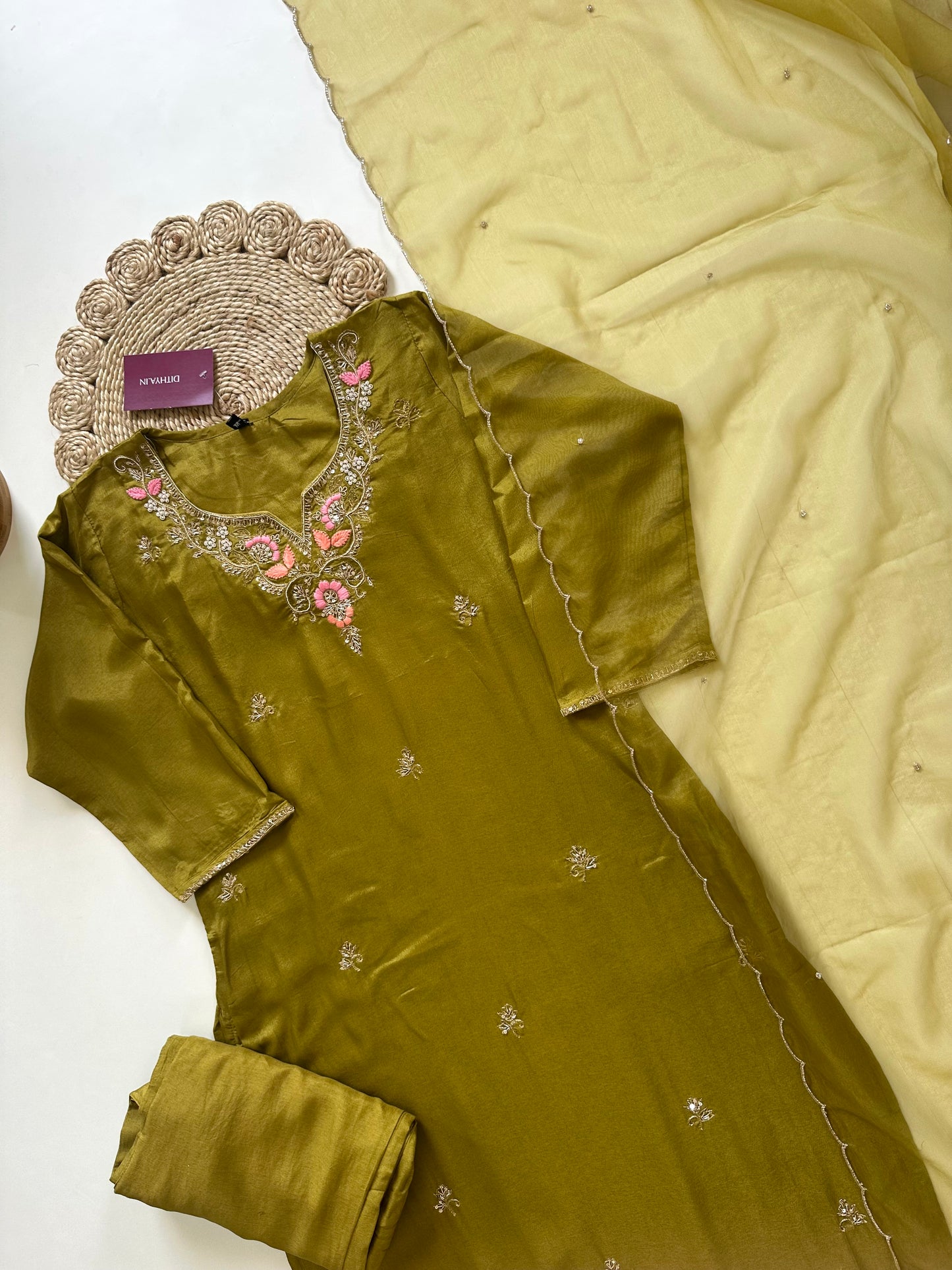 K087 - Russian silk handwork straight kurti with pants and organza dupatta .