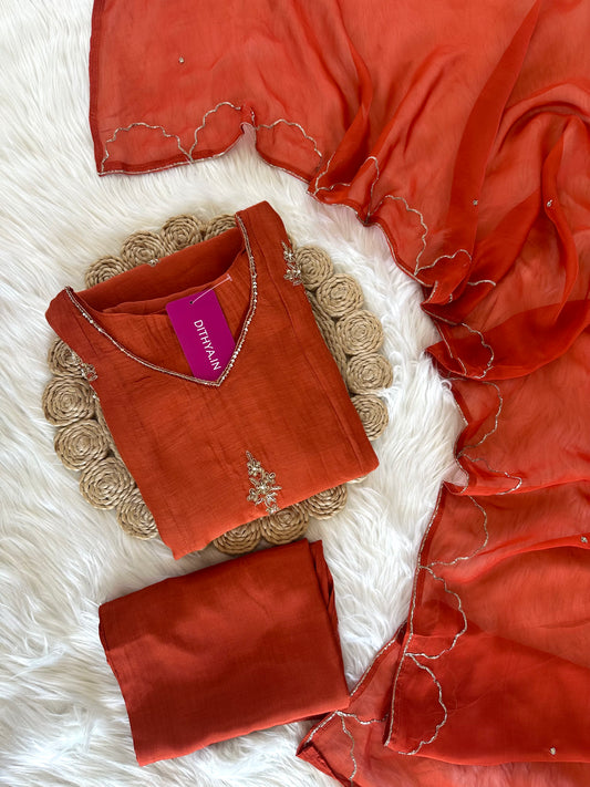 K086 - Mul Chanderi handwork Aline Kurti with pants and dupatta