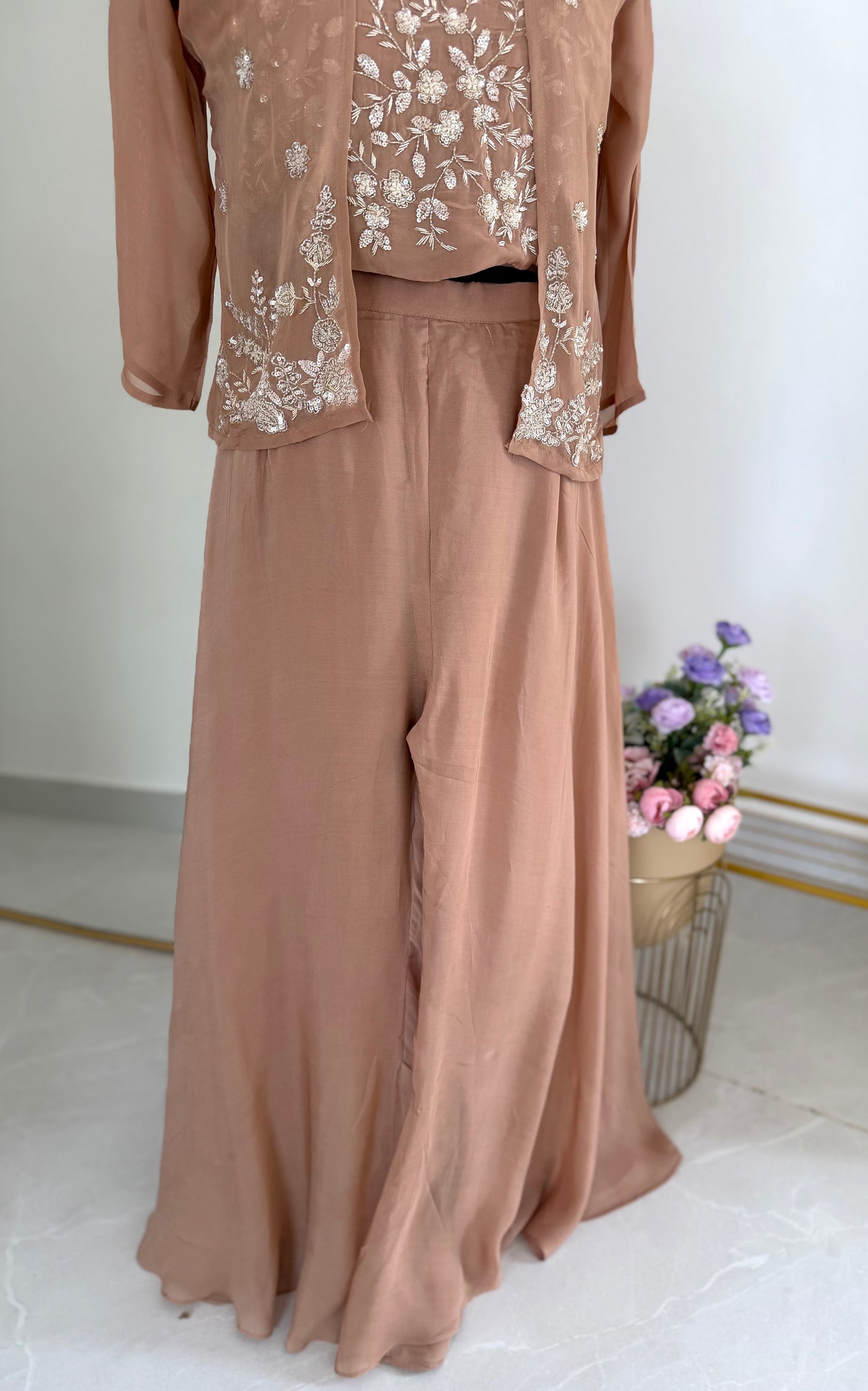 K338 - Pure viscose organza handwork crop top with jacket and divider pants