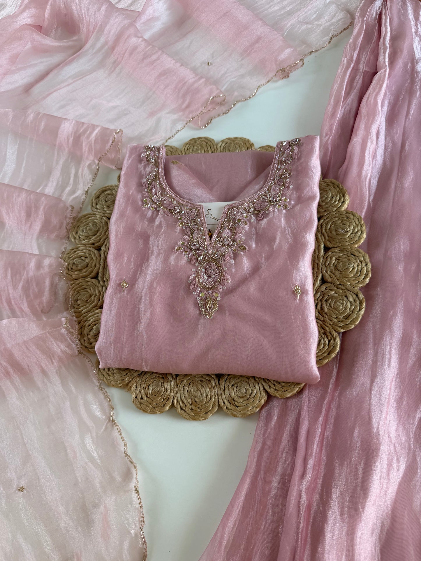 K391 - Glass tissue silk handwork short Kurti with divider pants and dupatta