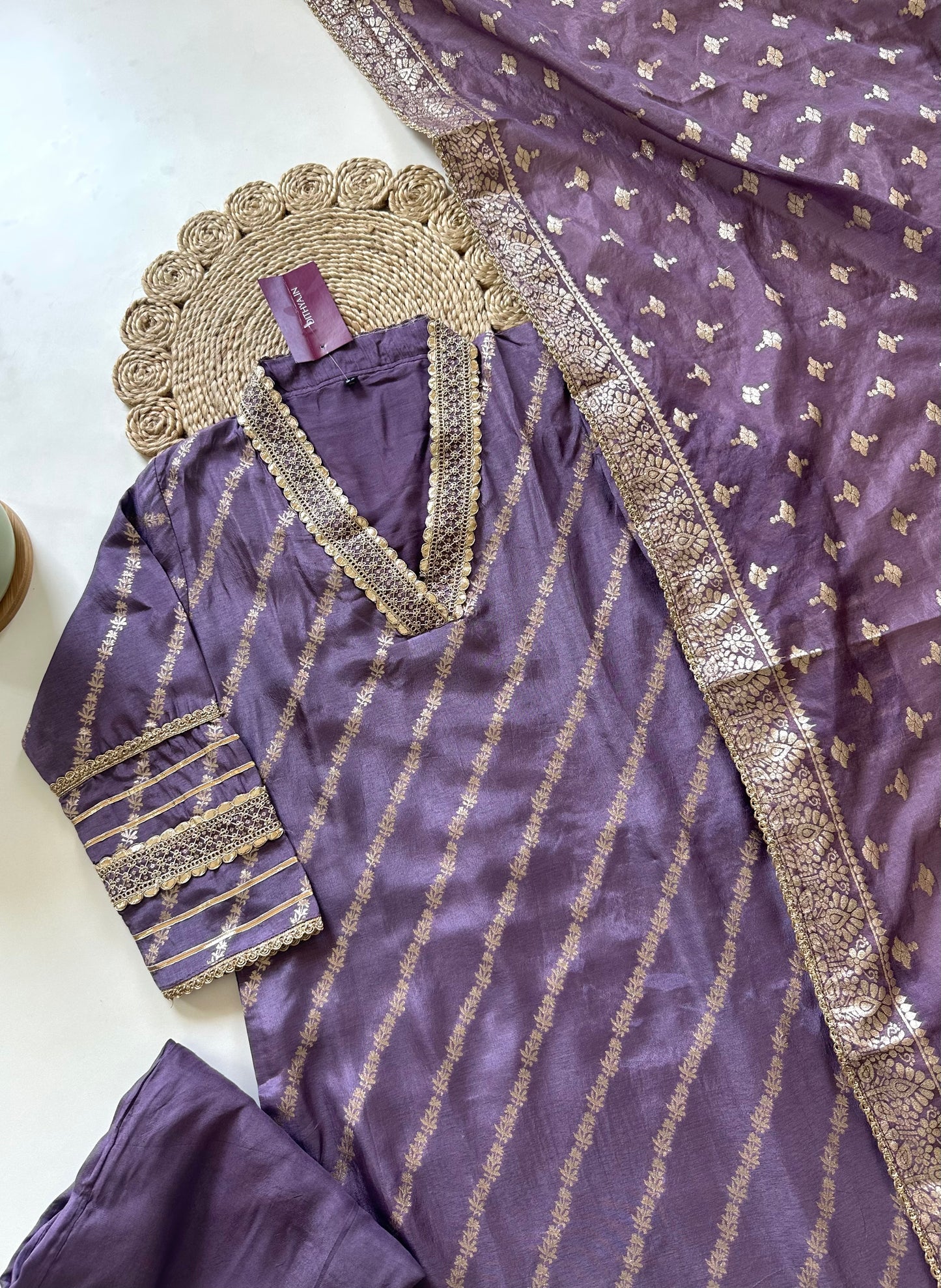 K125 - Jacquard silk Collar neck straight kurti with pants and dupatta in 2 colours .