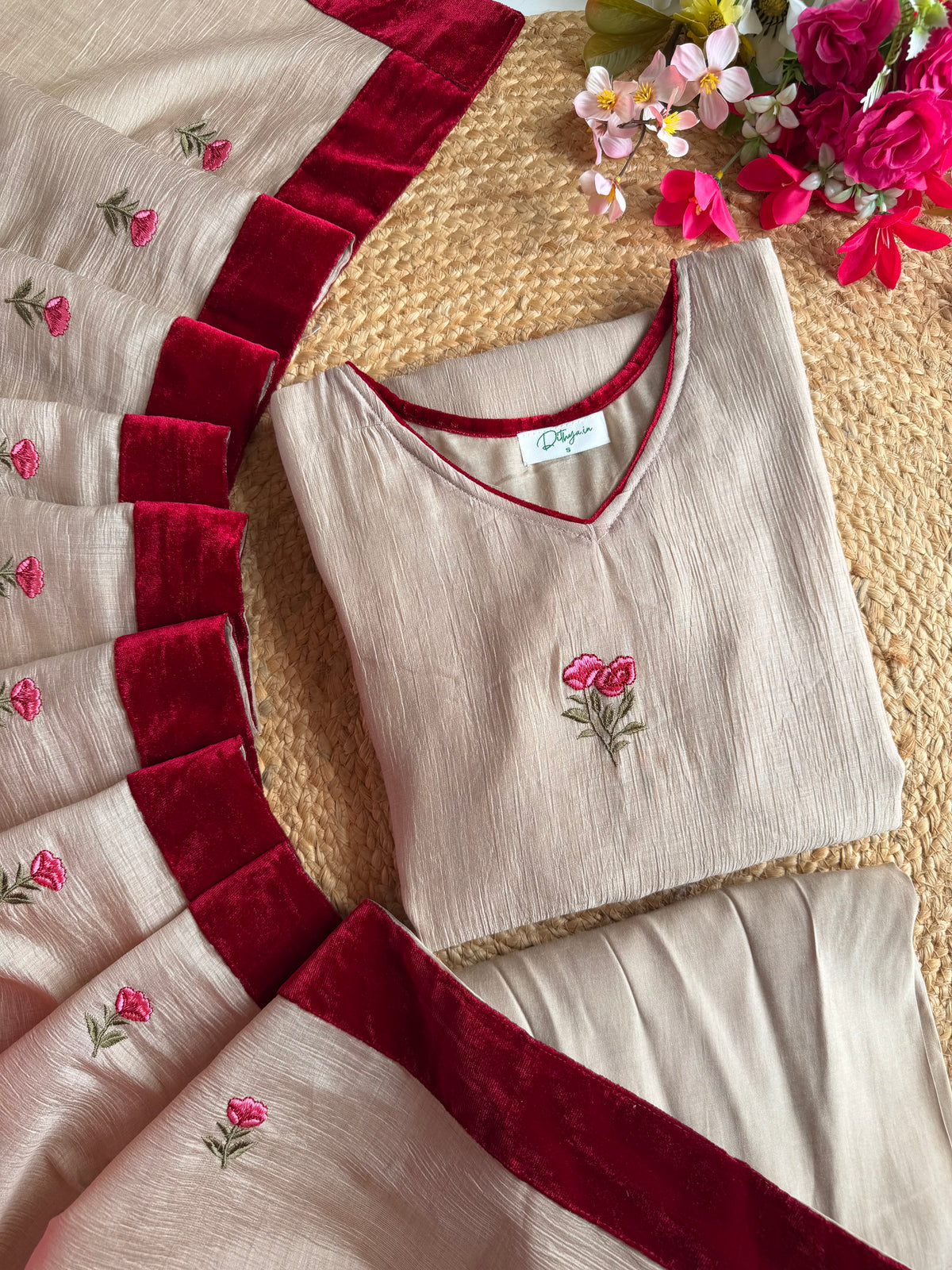 K083 - Crushed Mul cotton embroidered Aline Kurti with pants and dupatta