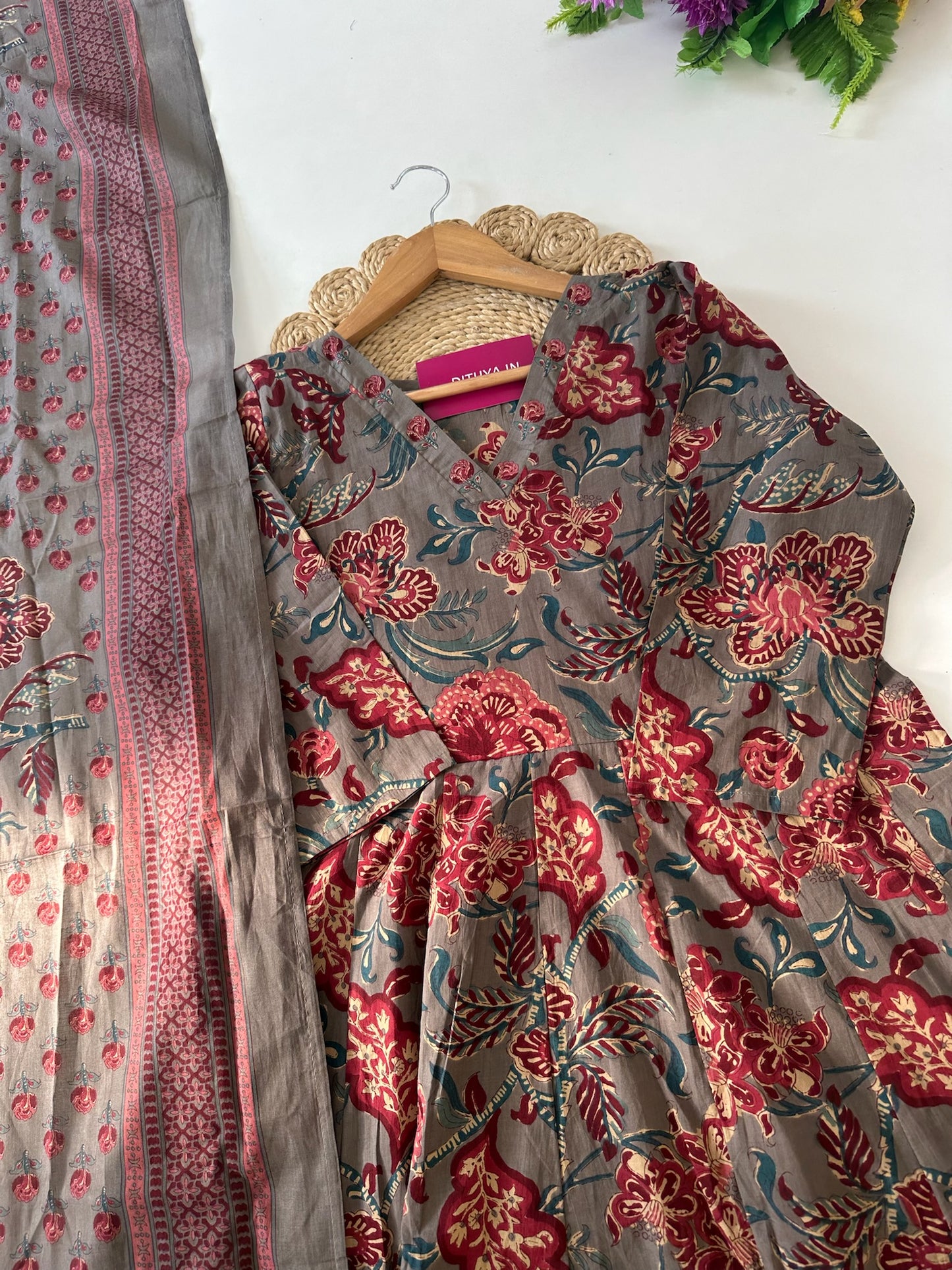 K106 - Mul cotton printed Anarkali with pants and dupatta