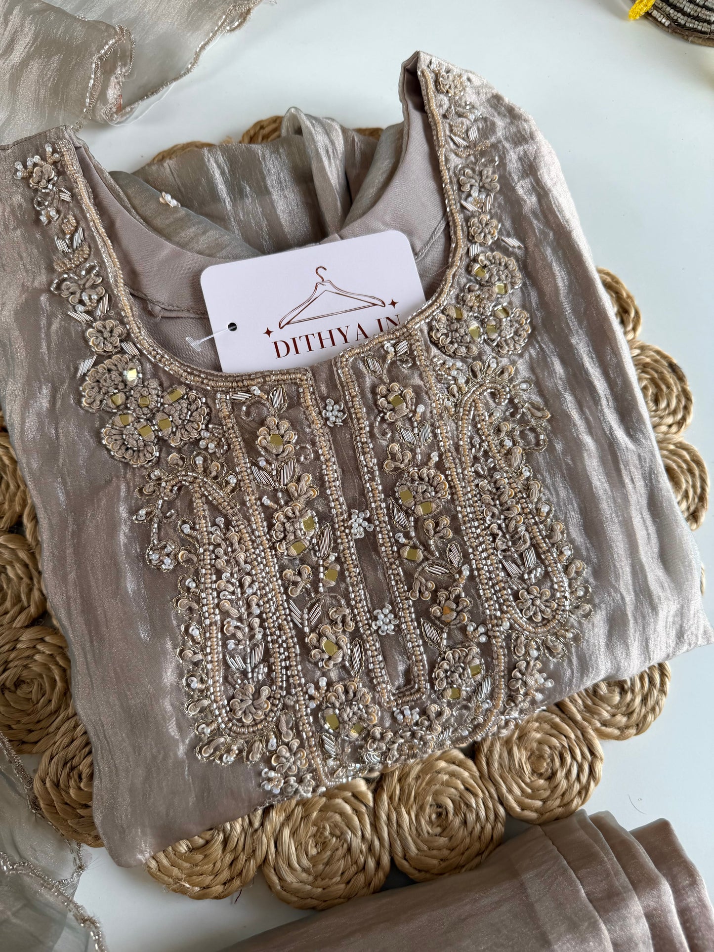 K600 - Glass tissue silk handwork aline Kurti with pants and dupatta