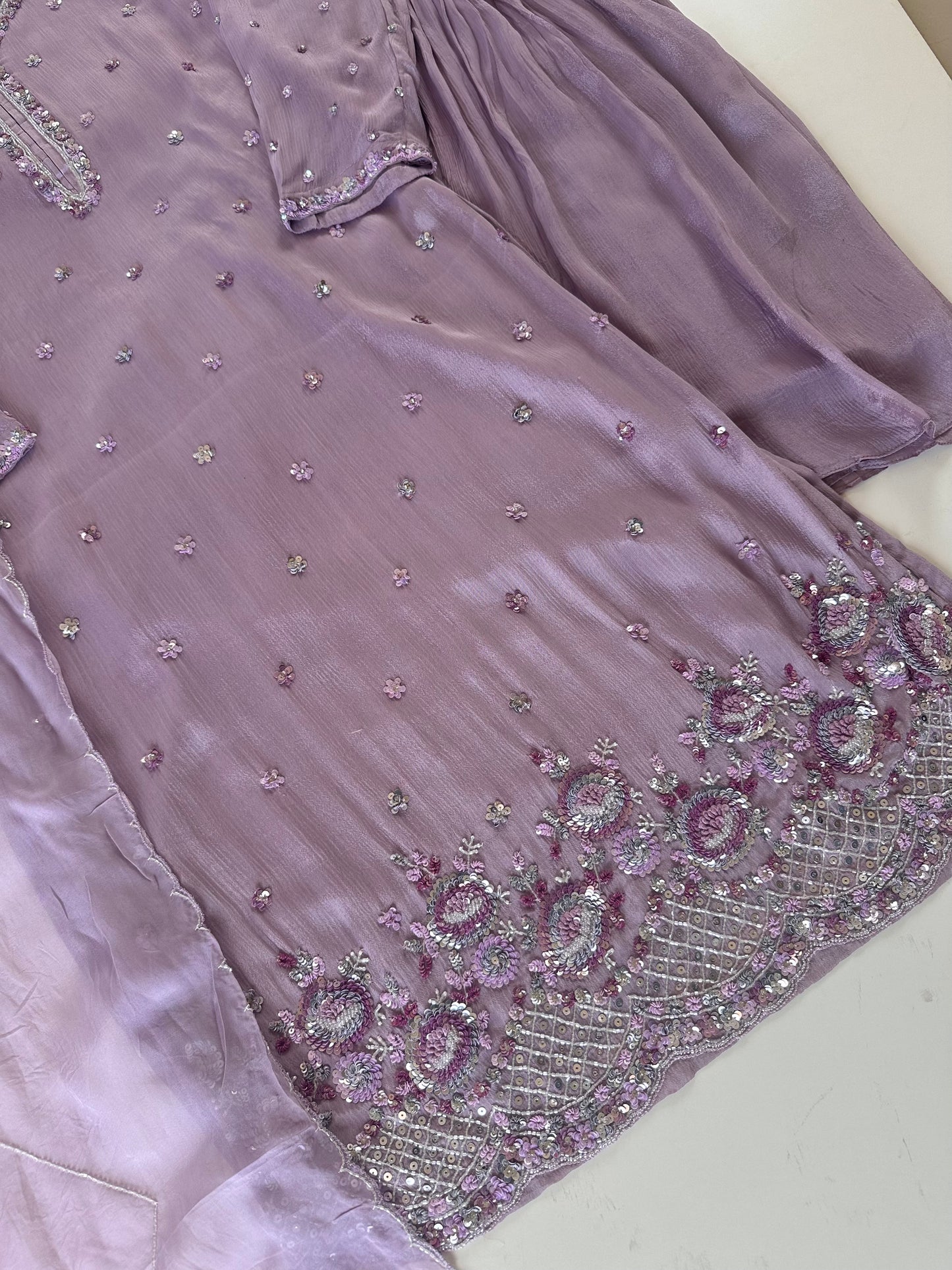 K142 - Chinnon Sequins work kurti with sharara and organza dupatta